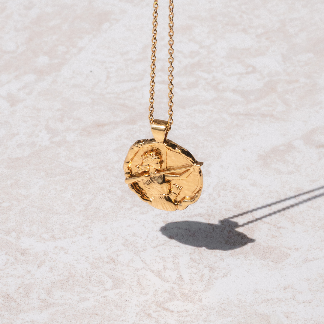 Elegant 18k plated gold necklace featuring the goddess Artemis by Rani and Co womens jewellery