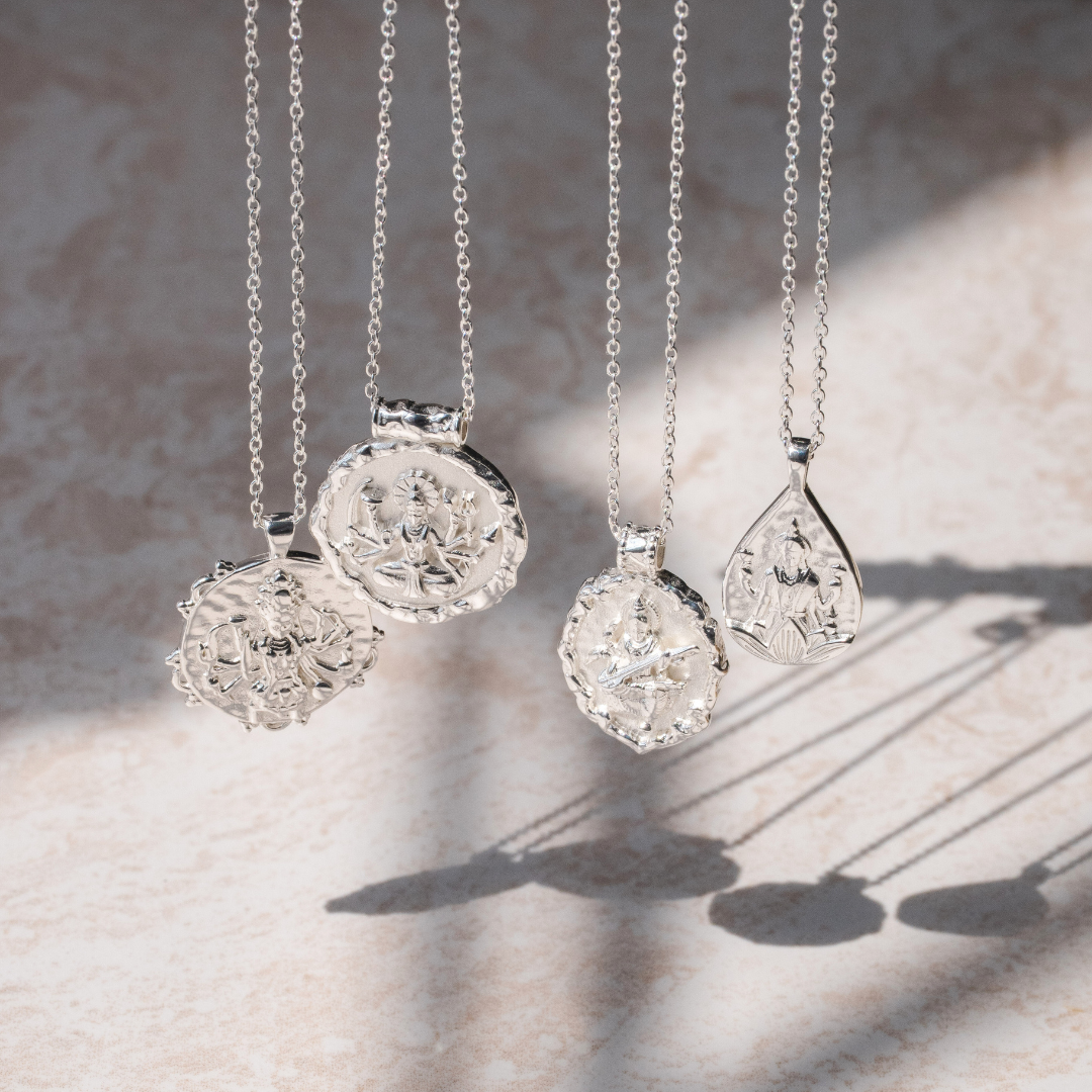 Elegant silver necklace with detailed Saraswati pendant by Rani and Co womens jewellery