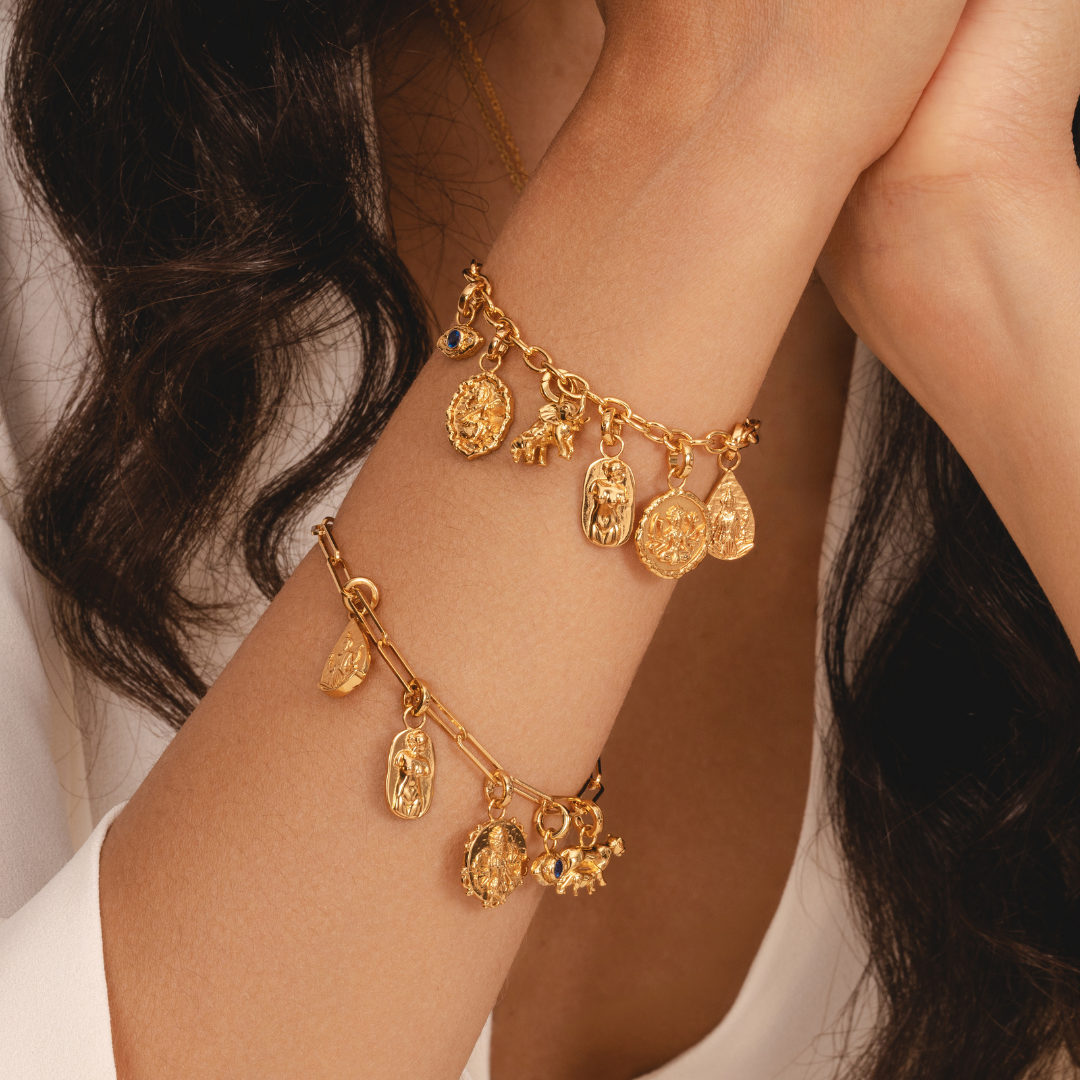 Intricate hindu goddess Lakshmi charm in 18k plated gold for charm bracelets by Rani and Co womens jewellery