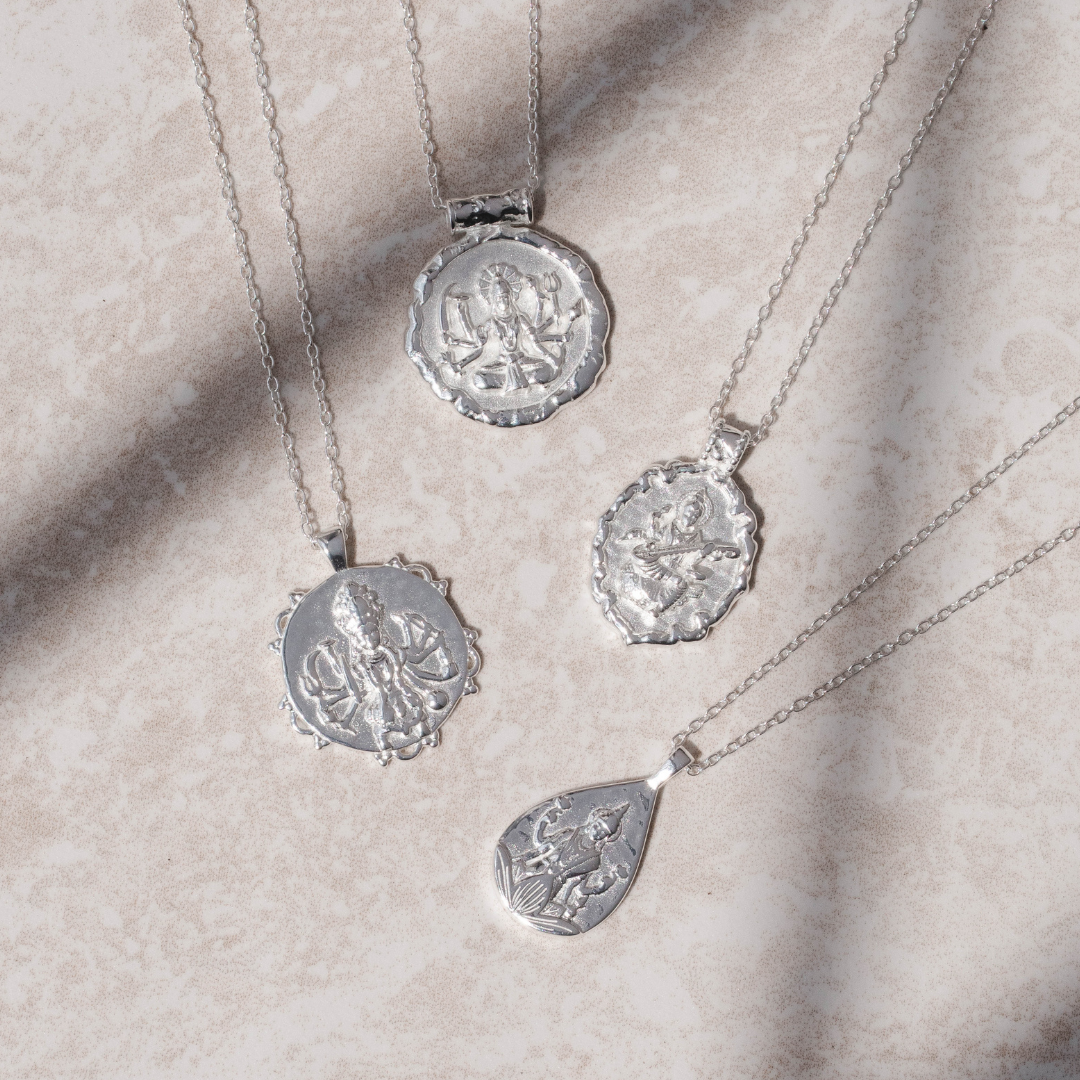 Elegant silver necklace with detailed Saraswati pendant by Rani and Co womens jewellery