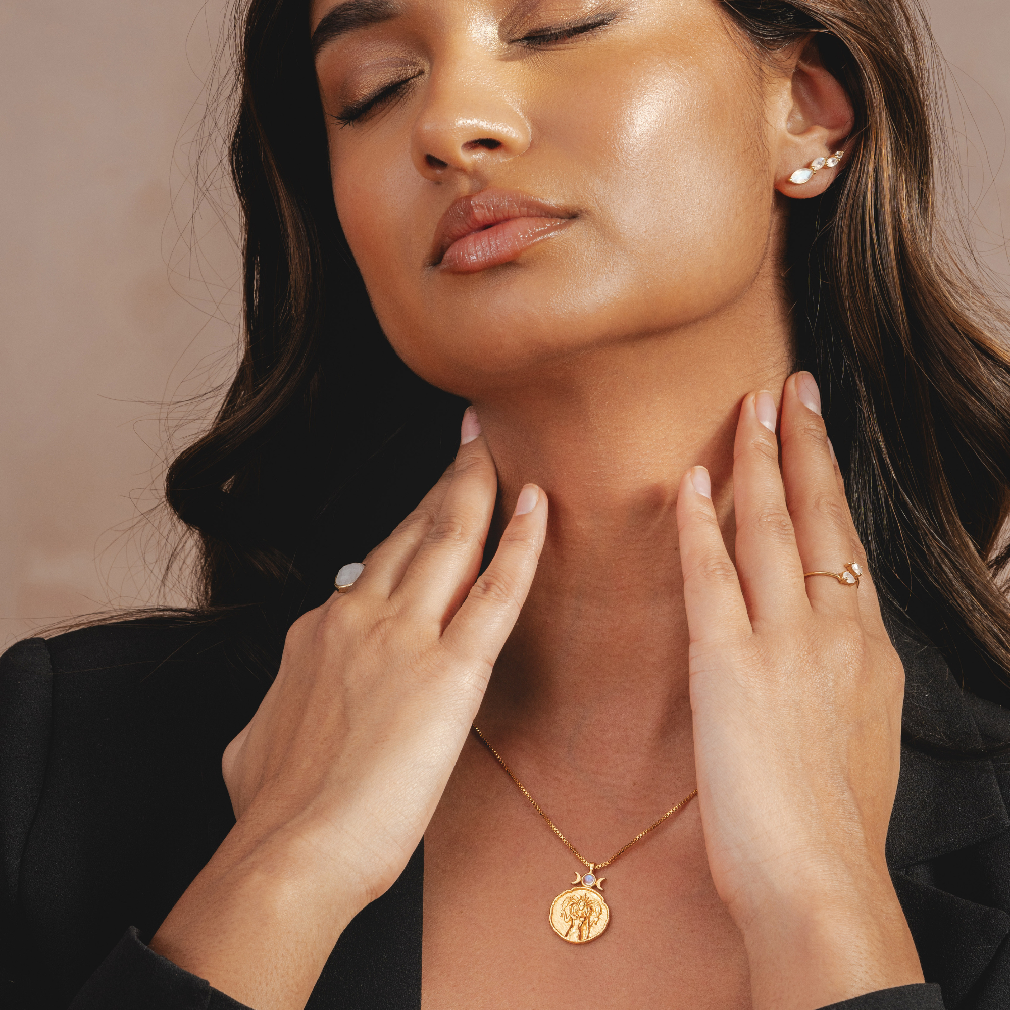 Gold pendant necklace featuring Greek goddess Hecate with moonstone by Rani and Co womens jewellery