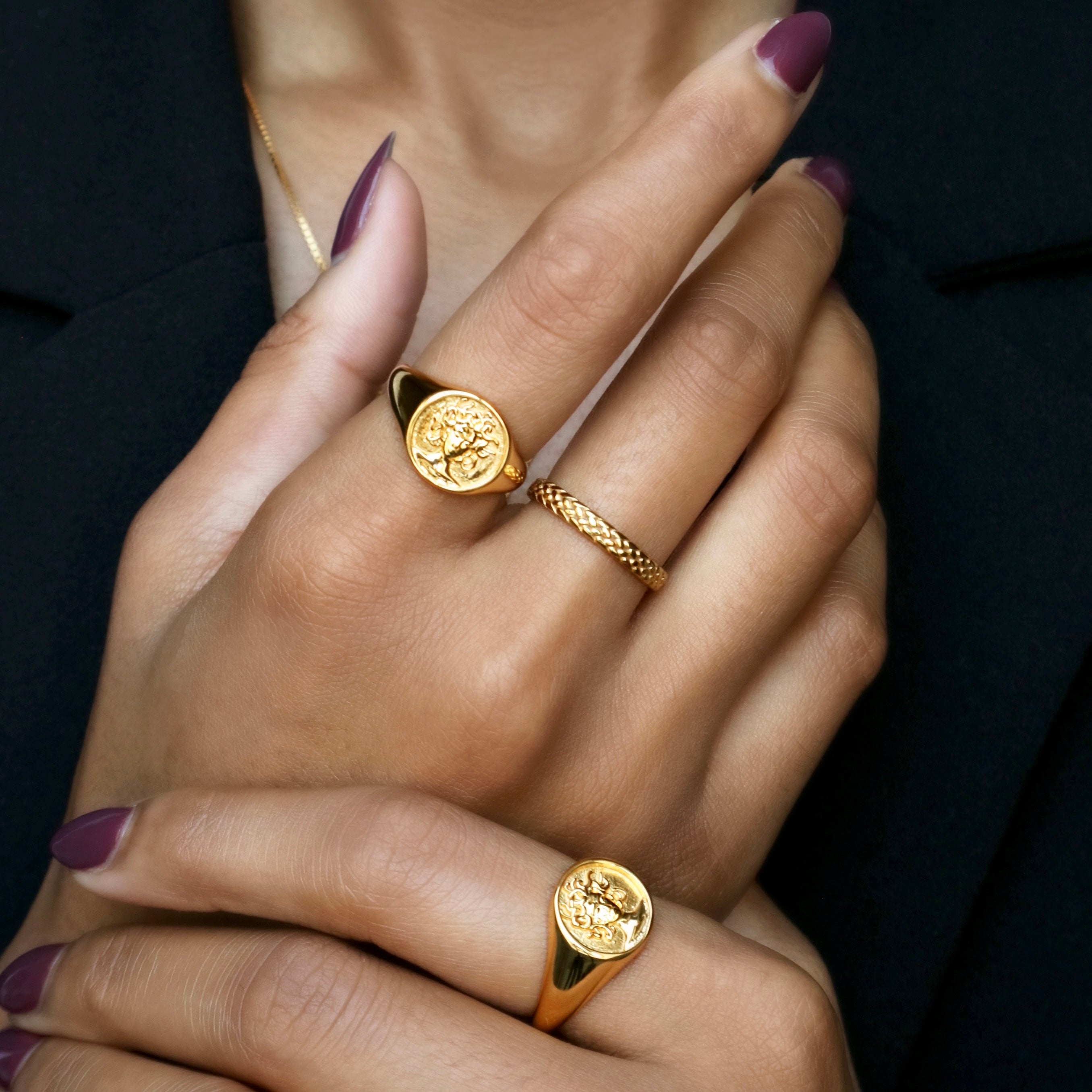Statement 18k plated Medusa ring perfect for womens gold jewellery by Rani and Co