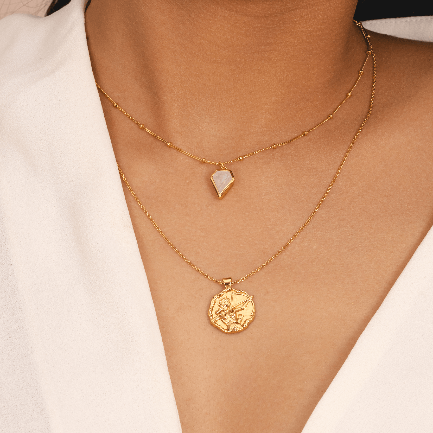 18k gold plated Artemis necklace, Greek goddess of the hunt pendant, bow and arrow design, mythological gold statement jewellery