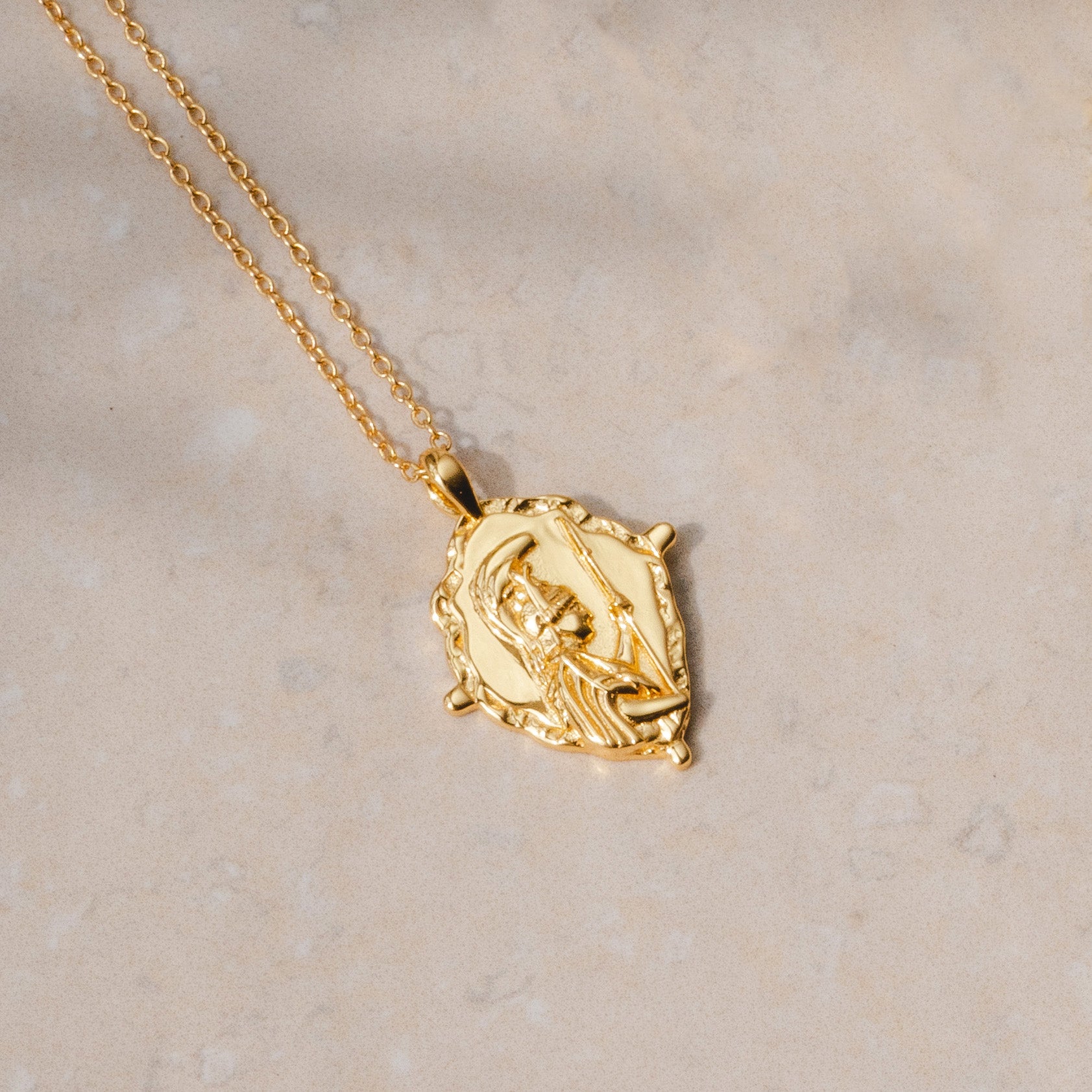 18k plated necklace with Athena pendant a powerful piece of gold jewellery by Rani and Co