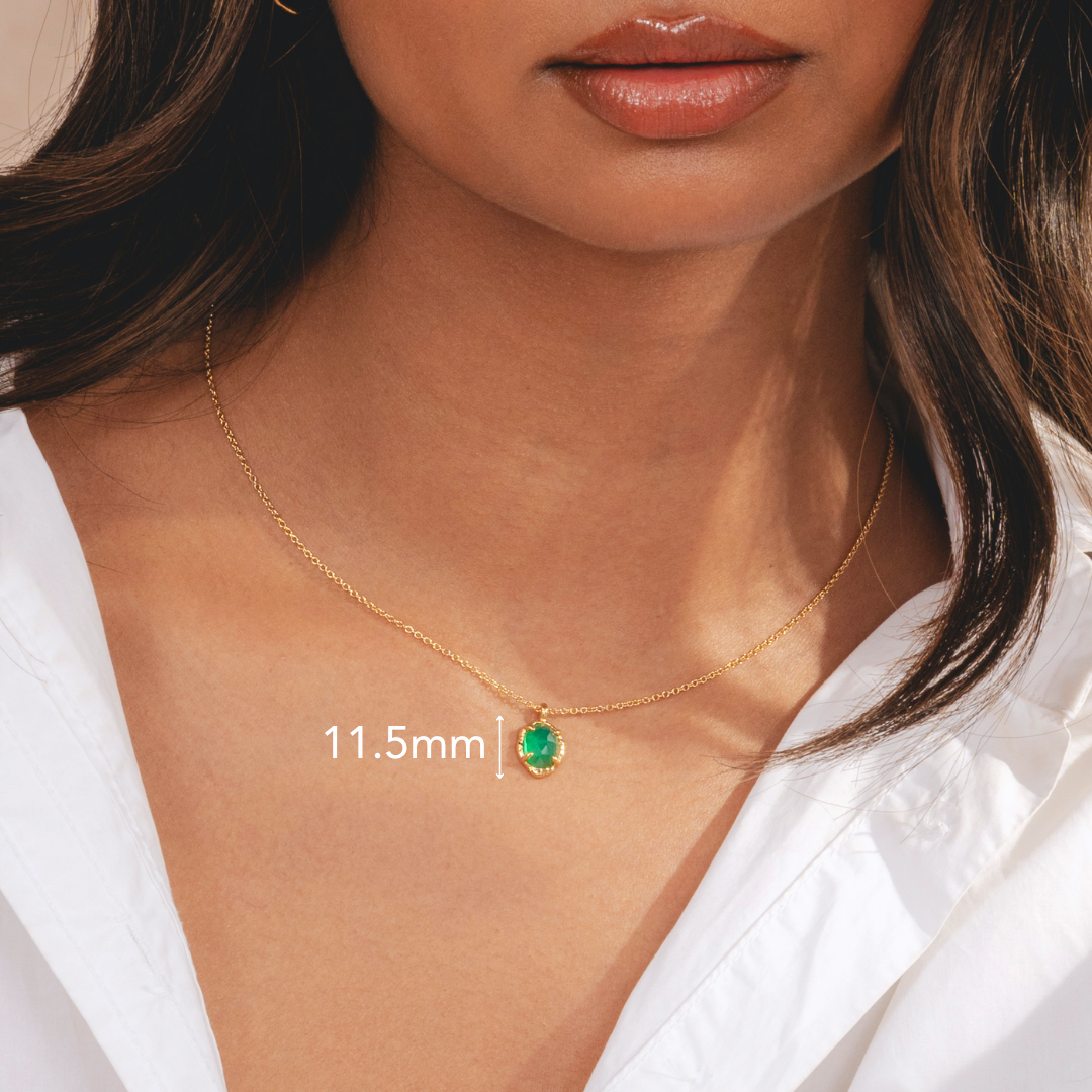 Gold pendant necklace with vibrant green onyx gemstone in 18k plated finish by Rani and Co womens jewellery