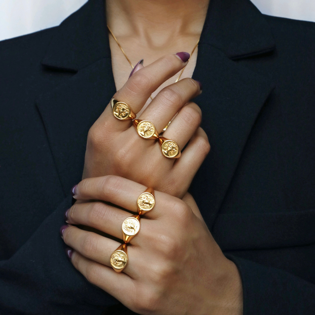 Gold signet ring for women featuring Medusa design in 18k plated finish by Rani and Co womens jewellery