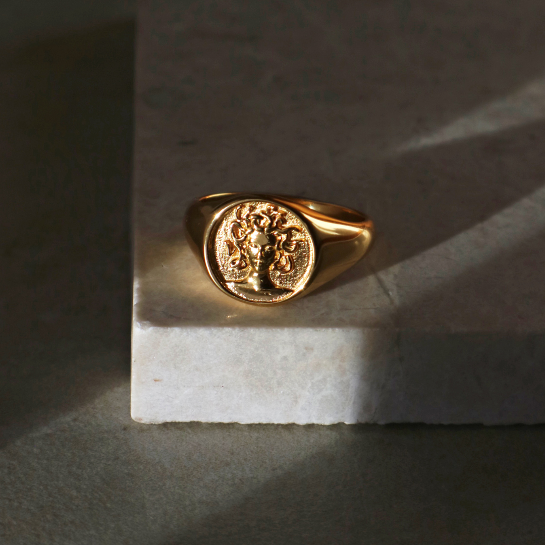 Statement 18k plated Medusa ring perfect for womens gold jewellery by Rani and Co
