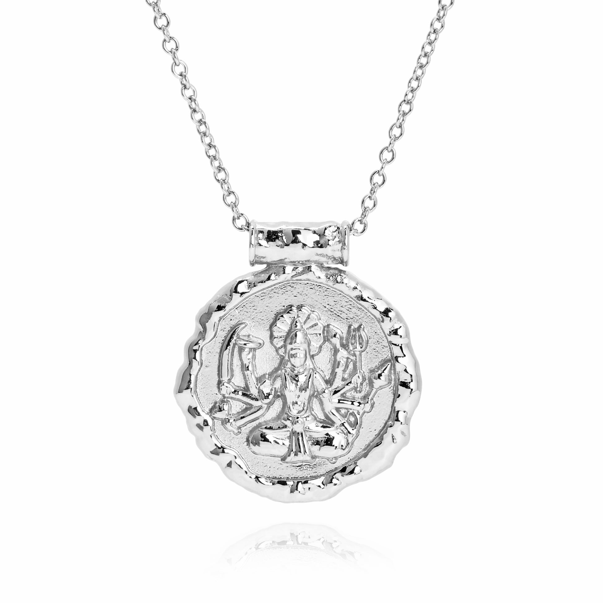 Silver Durga necklace featuring the Hindu warrior goddess by Rani and Co jewellery