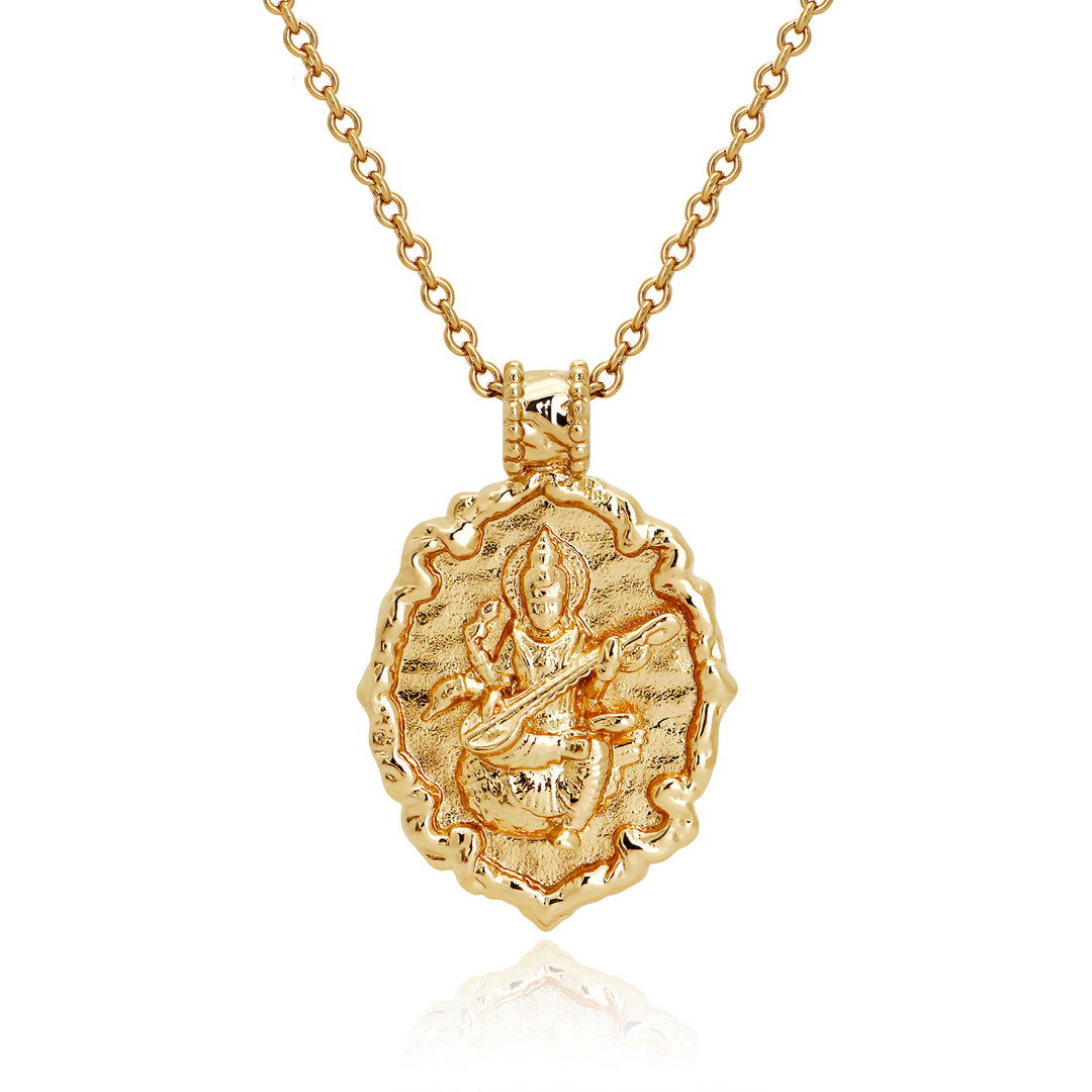 Saraswati necklace featuring a gold pendant of the Hindu goddess by Rani and Co womens jewellery