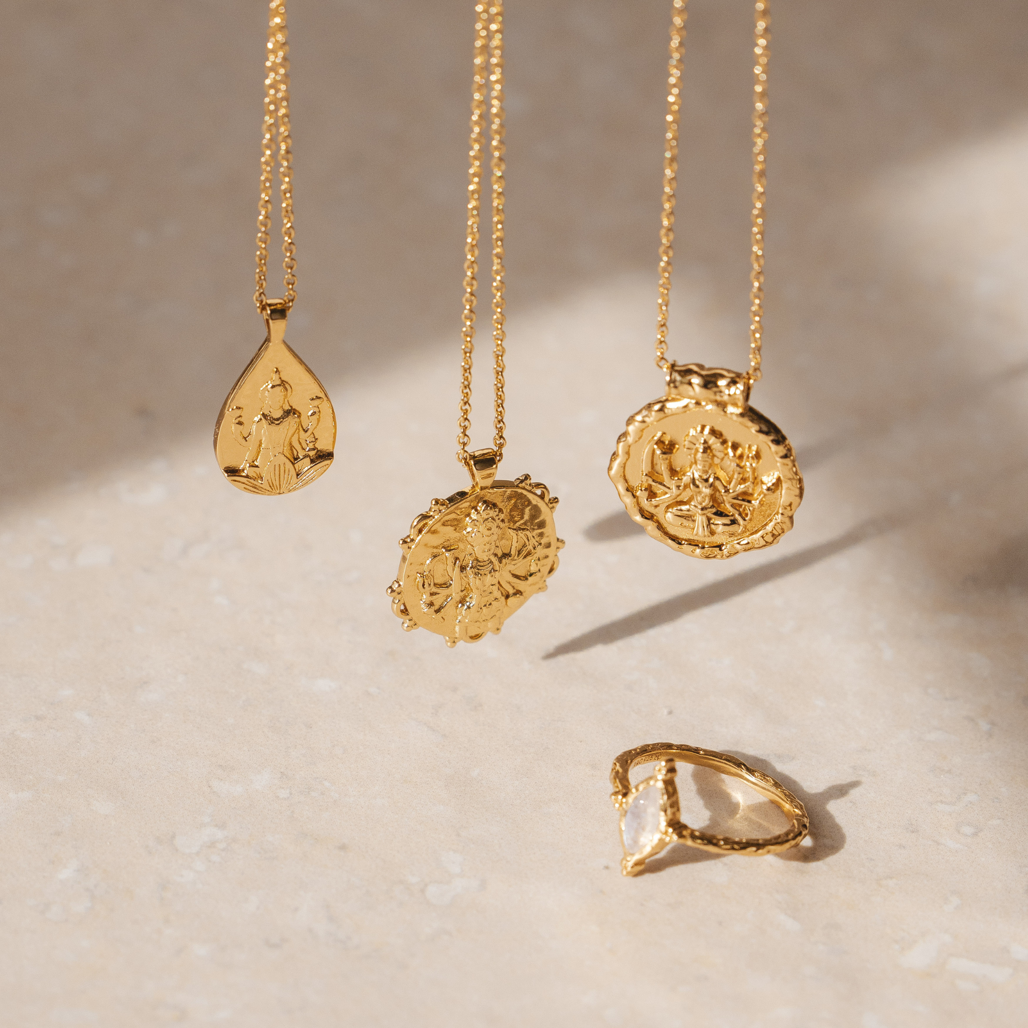 18k plated gold Hindu goddess Lakshmi necklace for women featuring divine gold jewellery by Rani and Co