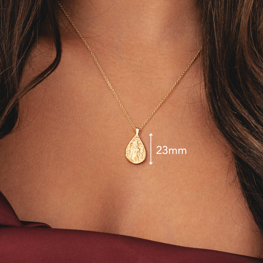 Lakshmi necklace with gold pendant featuring Hindu goddess in 18k plating by Rani and Co womens jewellery