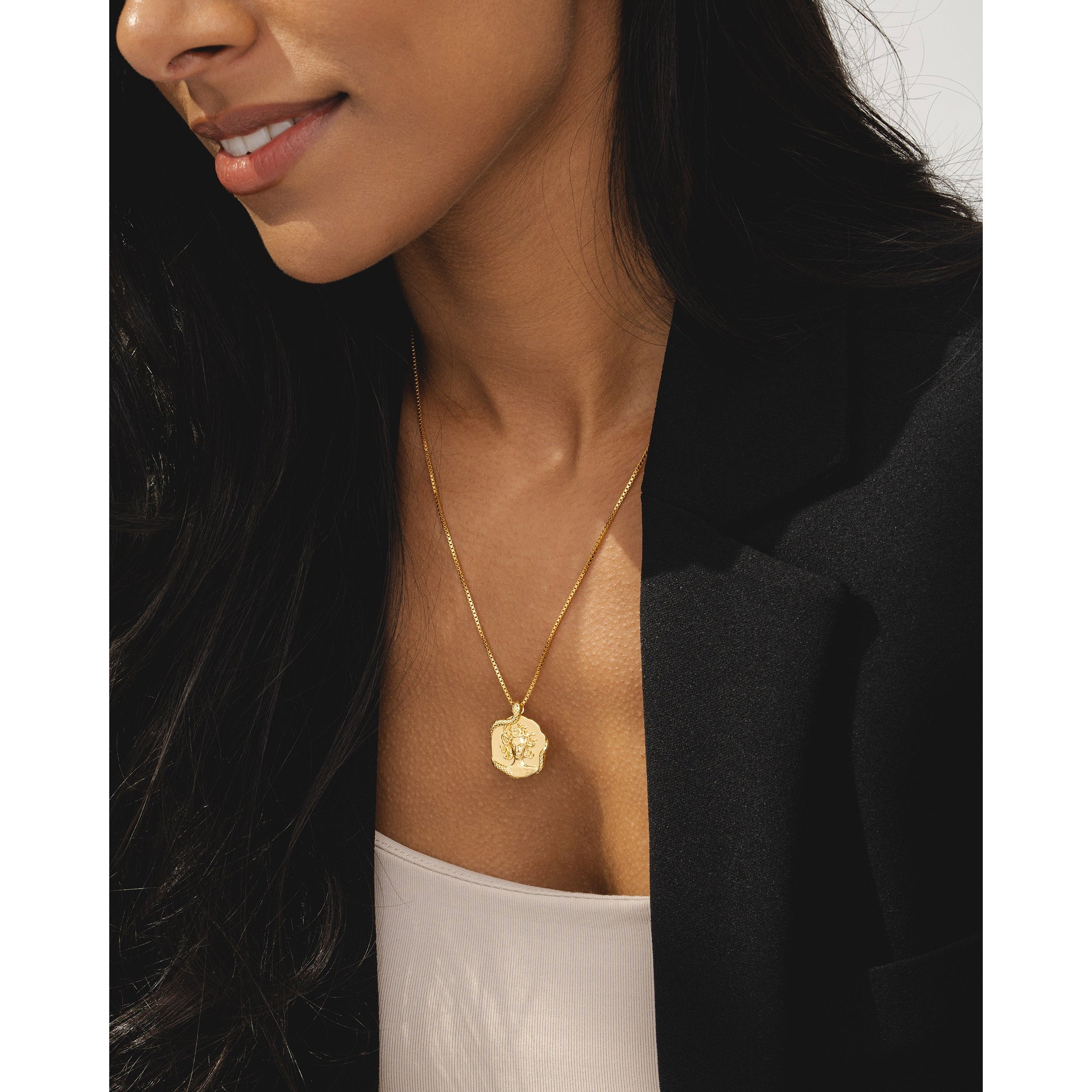 Greek goddess inspired Medusa necklace in 18k gold plated style perfect for womens jewellery by Rani and Co