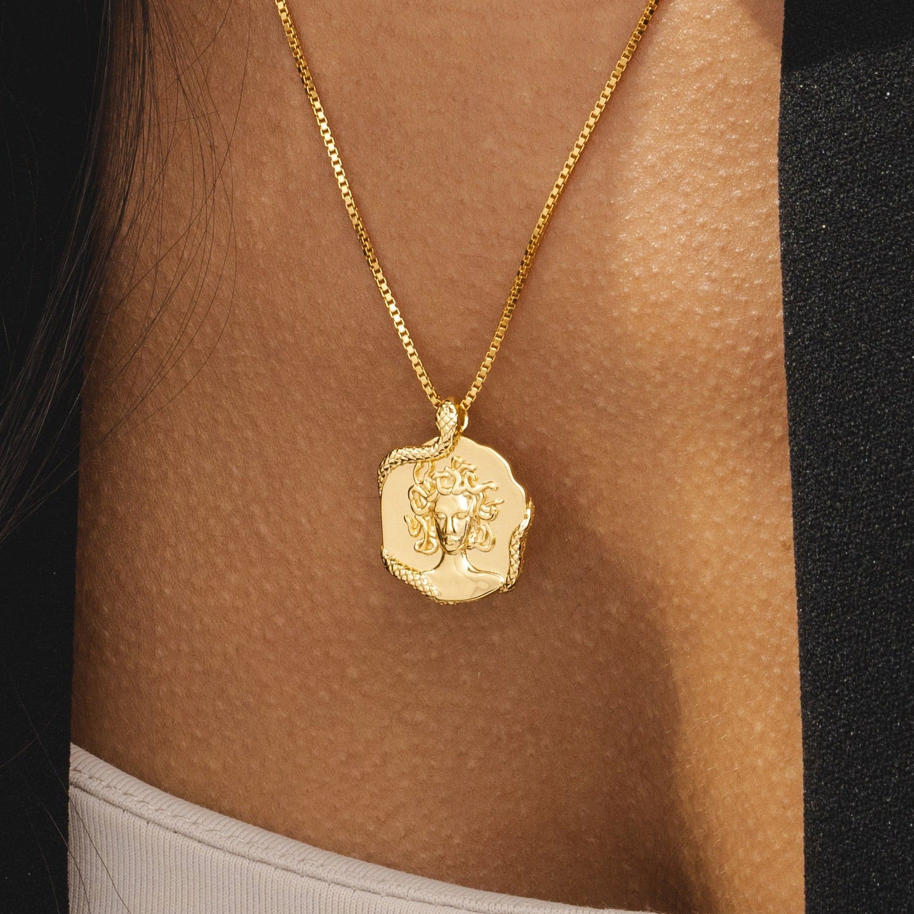 Greek goddess inspired Medusa necklace in 18k gold plated style perfect for womens jewellery by Rani and Co