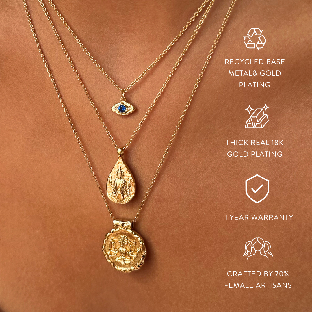 18k plated gold Hindu goddess Lakshmi and Durga necklace for women featuring divine gold jewellery by Rani and Co