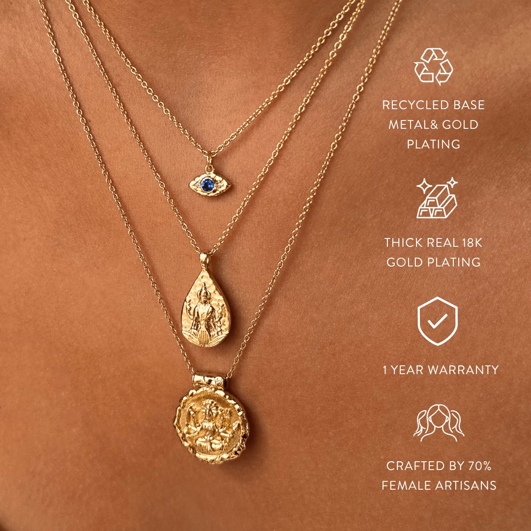 18k plated gold Hindu goddess Lakshmi and Durga necklace for women featuring divine gold jewellery by Rani and Co