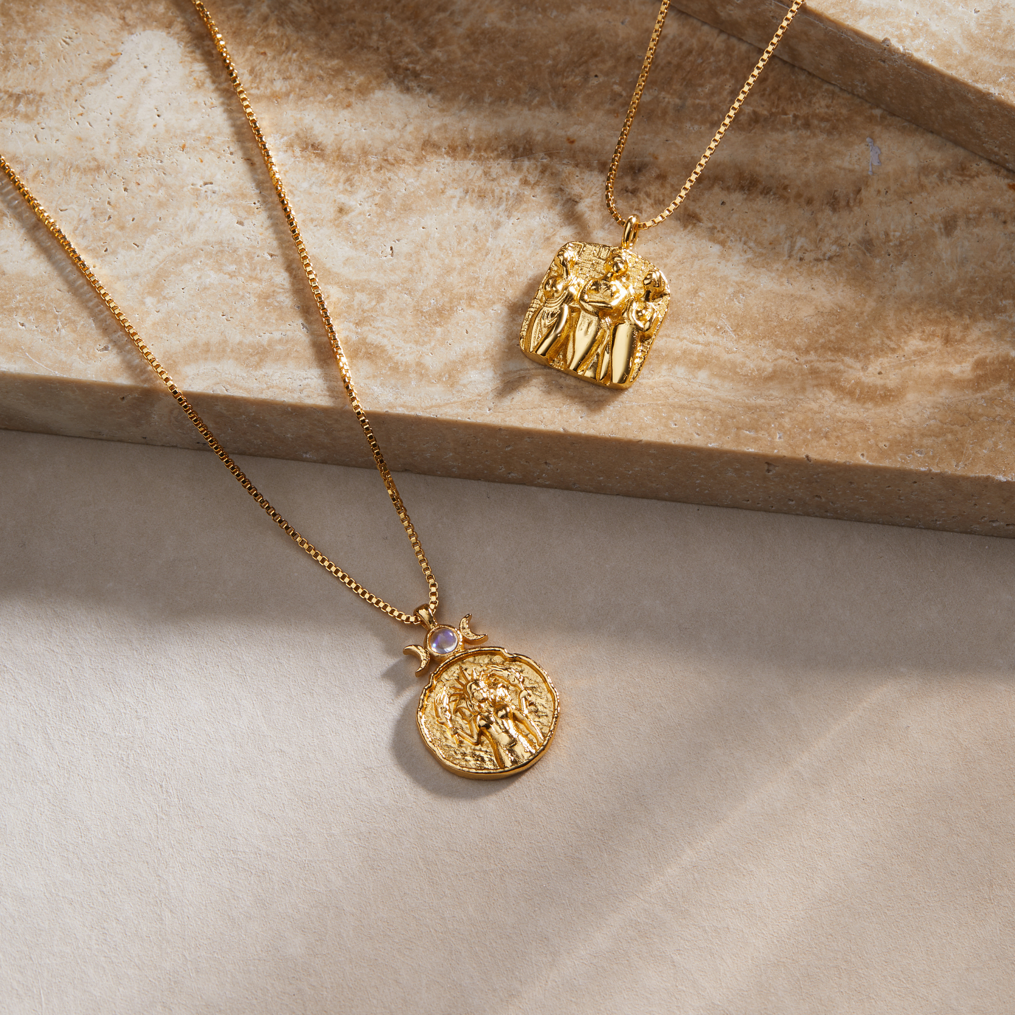 Elegant gold necklace women’s style with moonstone and Greek goddess Hecate by Rani and Co