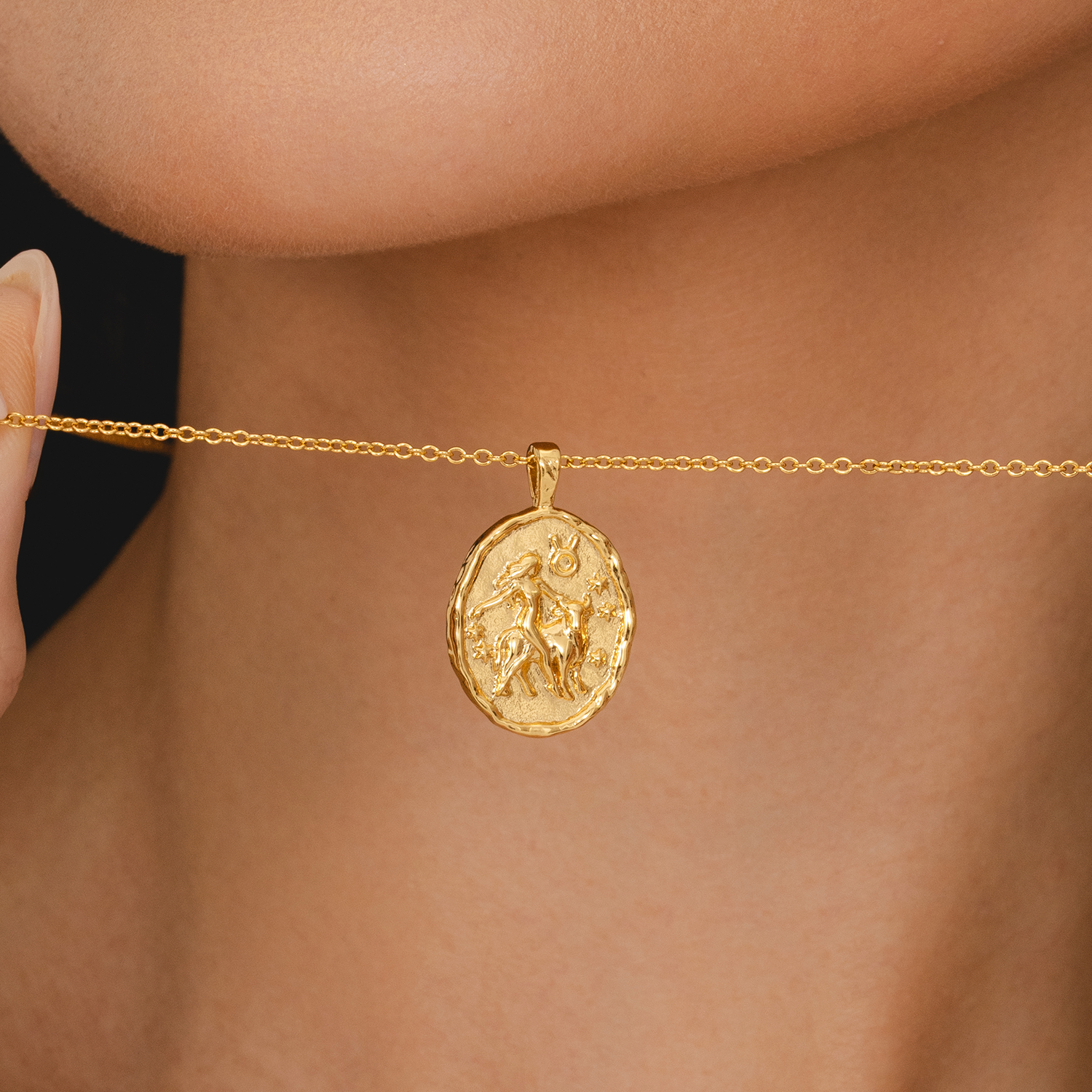 Rani & Co. Taurus zodiac necklace 18k gold plated, ancient coin-style pendant with bull motif
