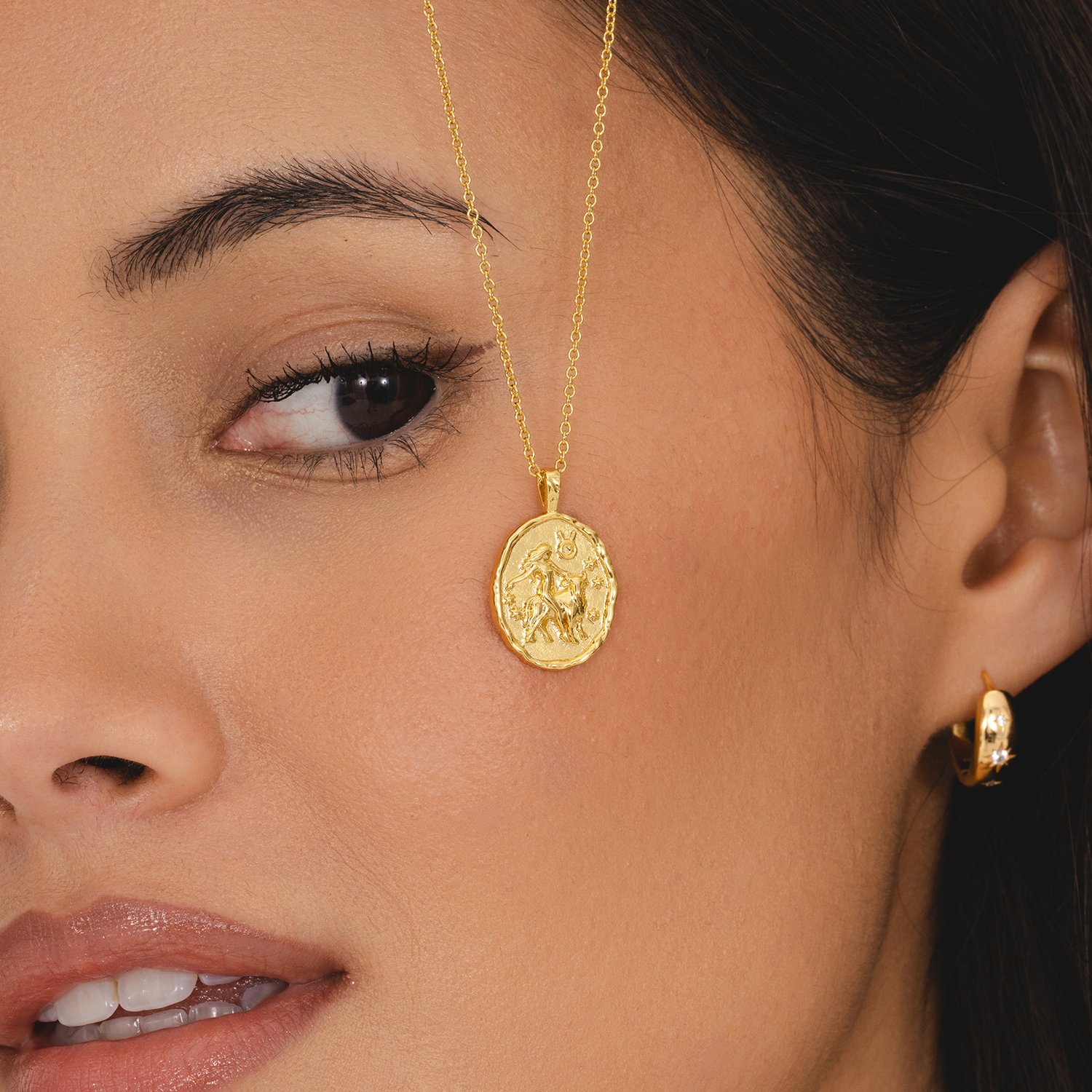 Rani & Co. gold plated Taurus astrology necklace, vintage coin medallion with constellation