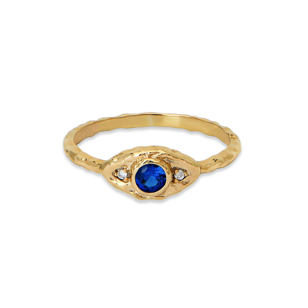 Gold ring with protective evil eye design in 18k plated finish by Rani and Co womens jewellery