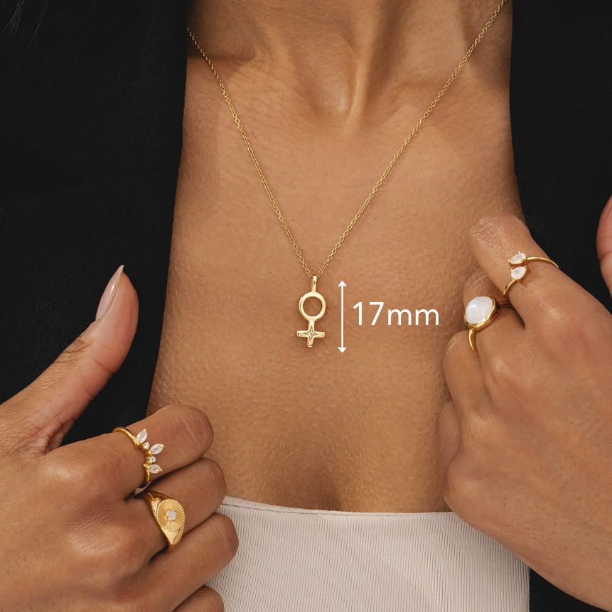 Divine feminine necklace with radiant rainbow moonstone on an 18k plated gold chain by Rani and Co