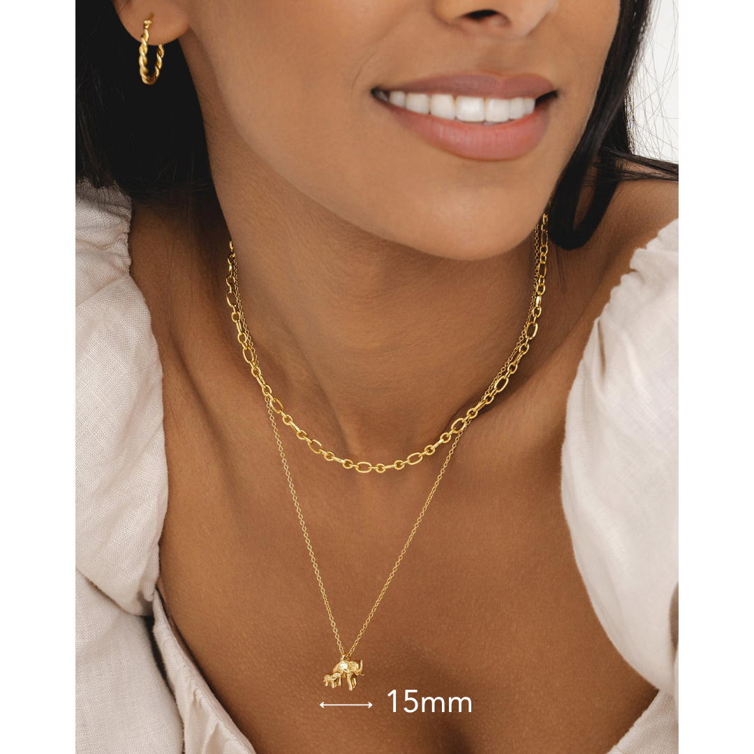 Gold chain necklace featuring an elephant pendant a meaningful piece of womens jewellery by Rani and C