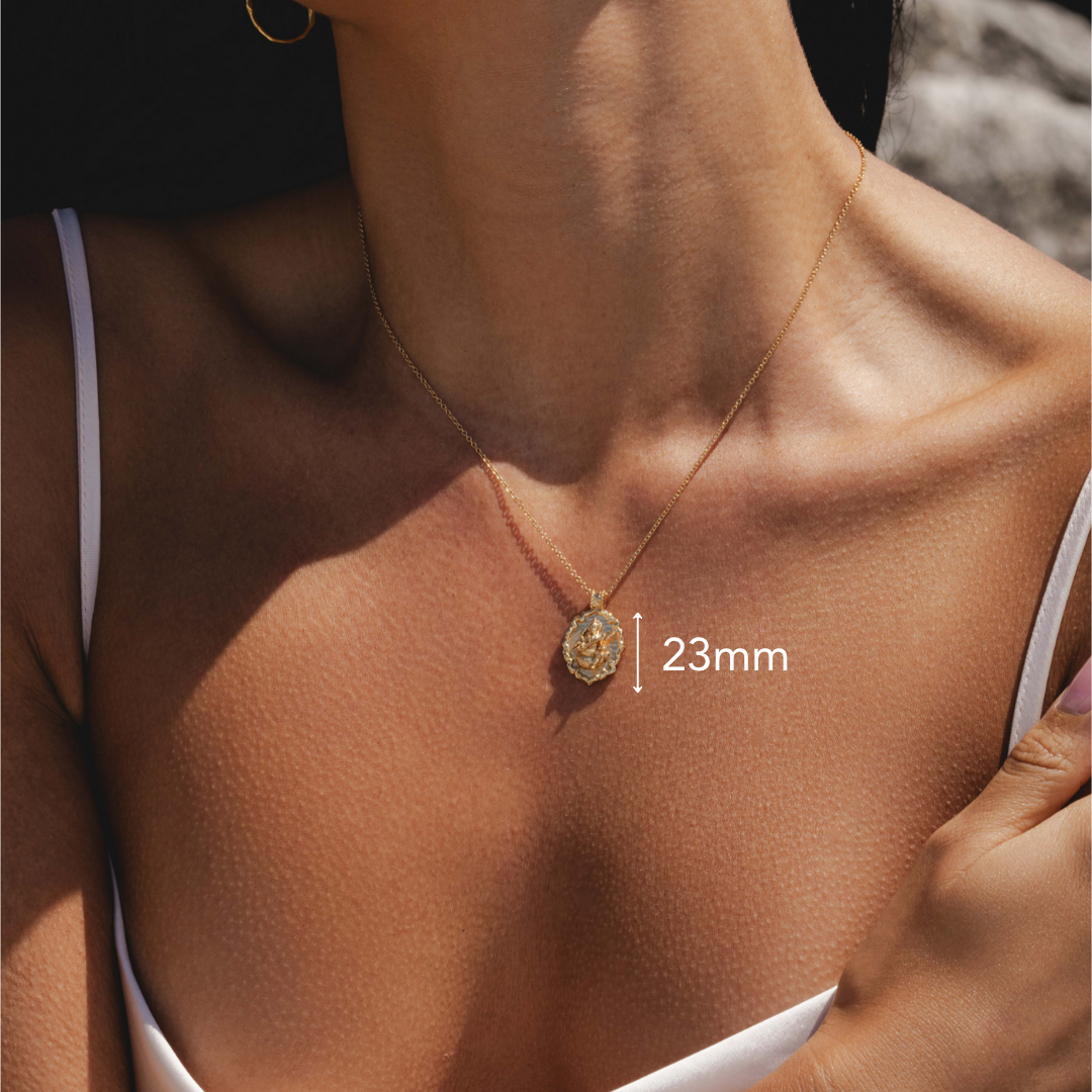 Saraswati necklace featuring a gold pendant of the Hindu goddess by Rani and Co womens jewellery