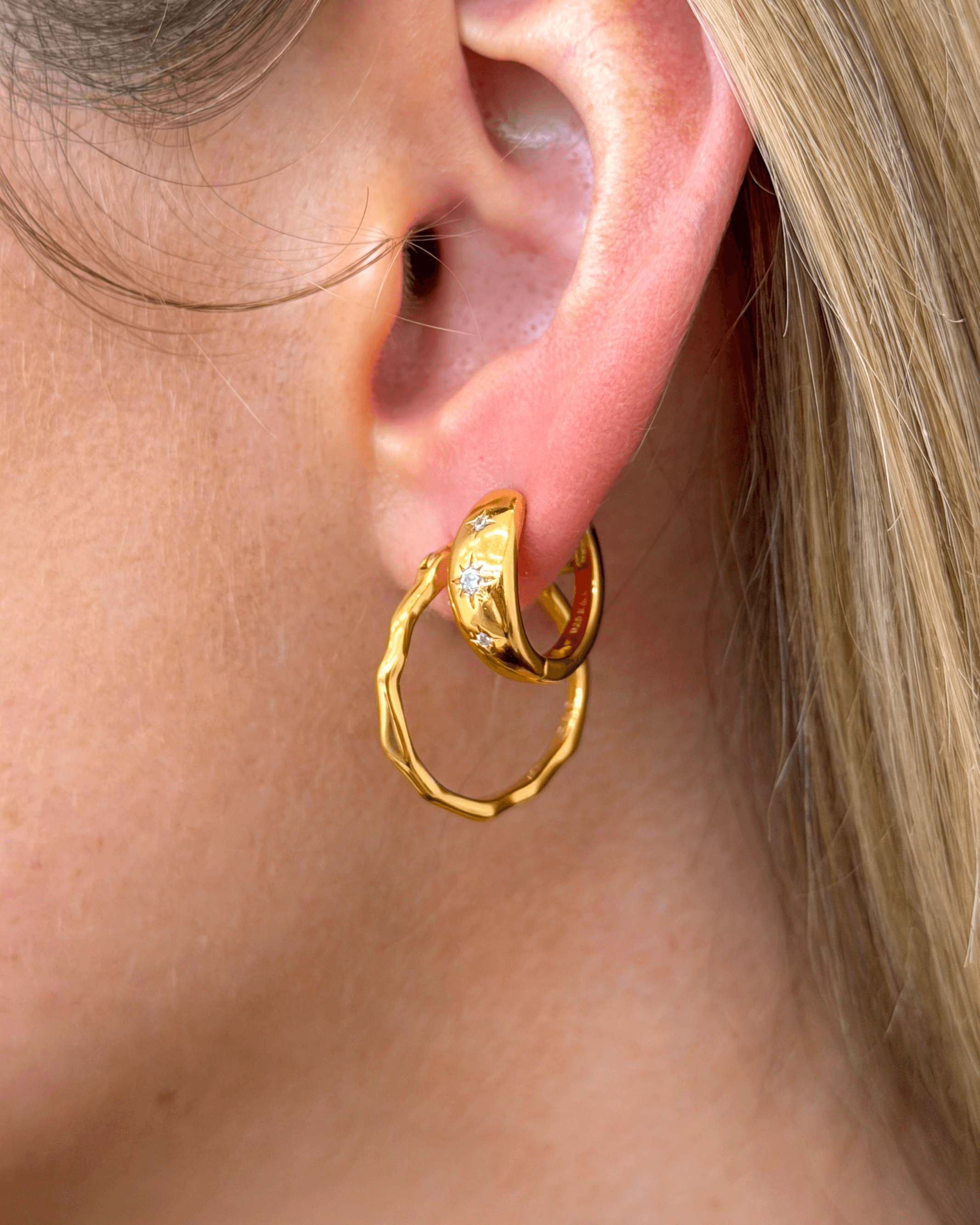 20mm gold hoop earrings with three cubic zirconia star charms – celestial jewelry gift for women