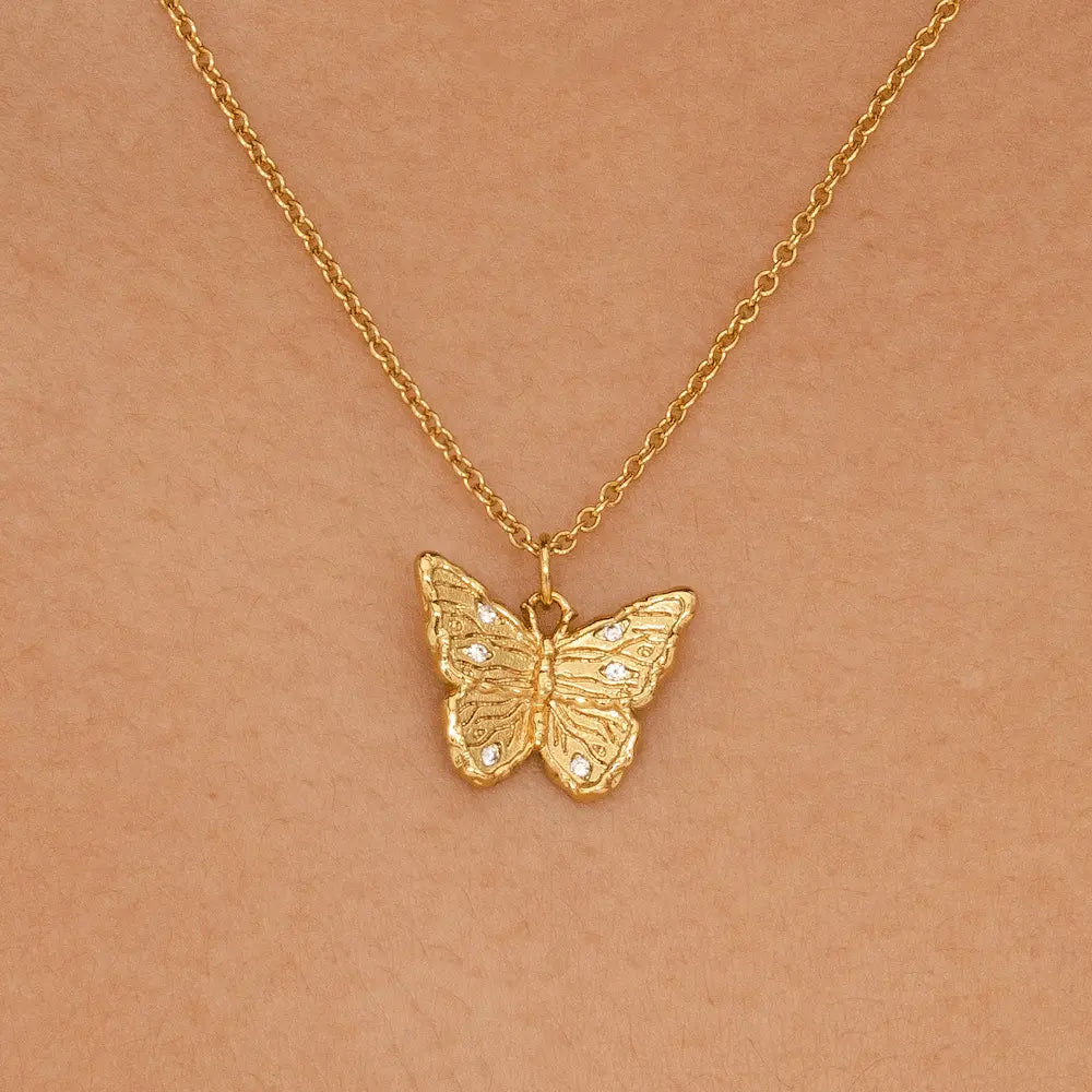 Gold butterfly charm necklace, 12mm pendant, 45cm adjustable chain, hypoallergenic jewellery