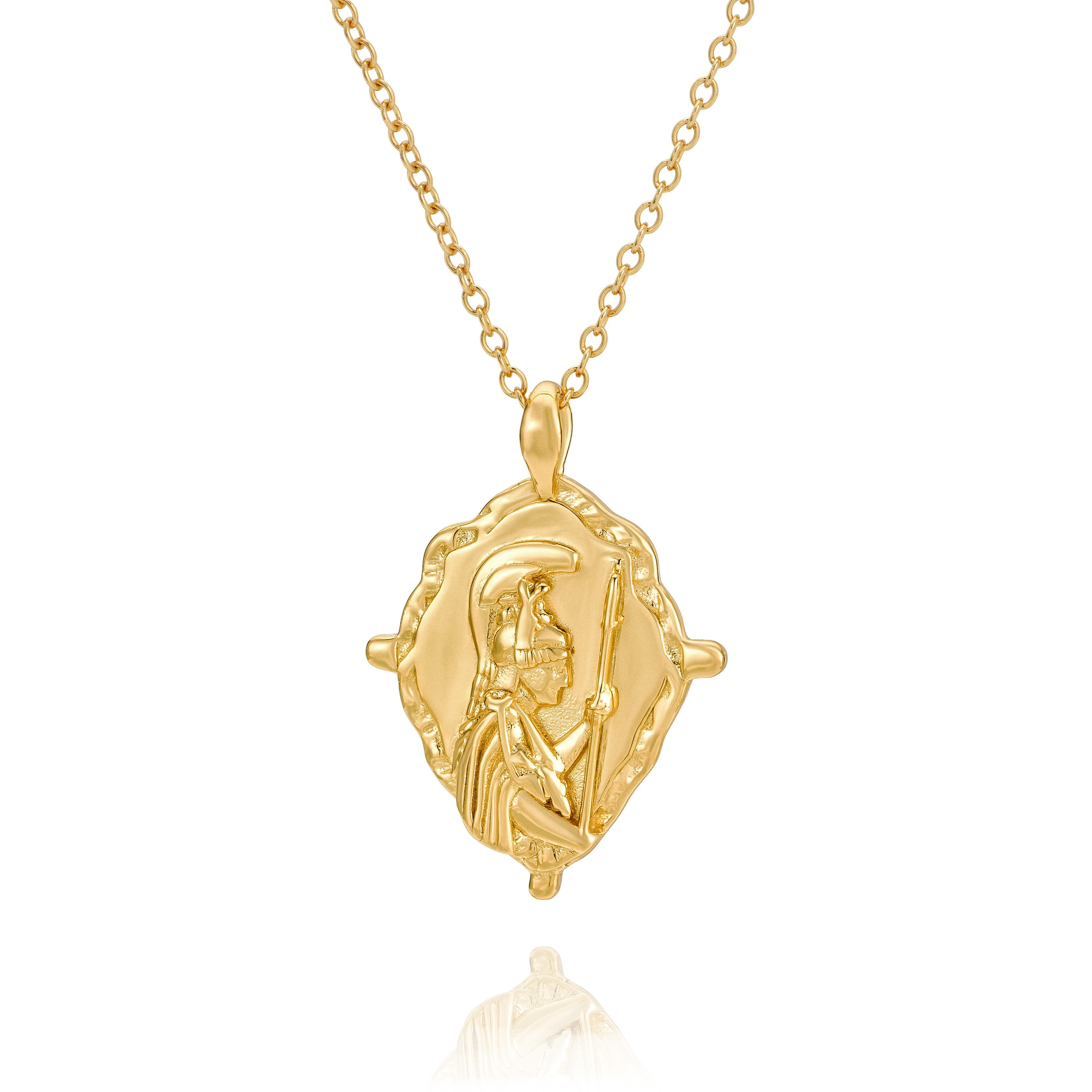 18k plated necklace with Athena pendant a powerful piece of gold jewellery by Rani and Co