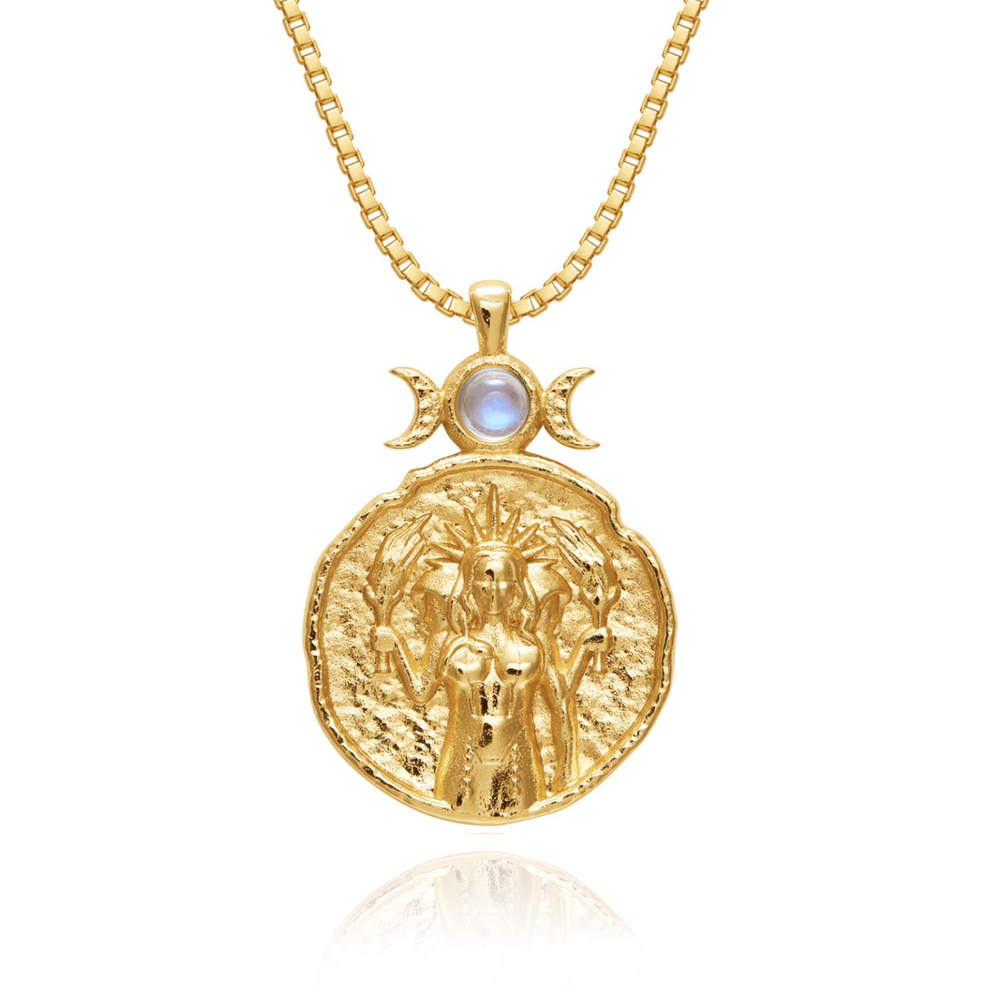 Gold pendant necklace featuring Greek goddess Hecate with moonstone by Rani & Co. women's jewellery