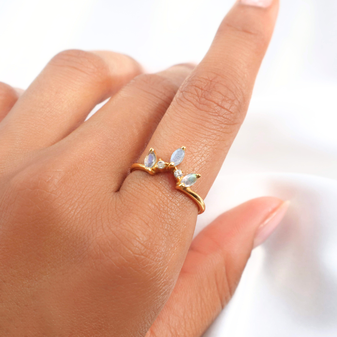 Elegant gold jewellery by Rani and Co – labradorite crown ring with cubic zirconia stones for women