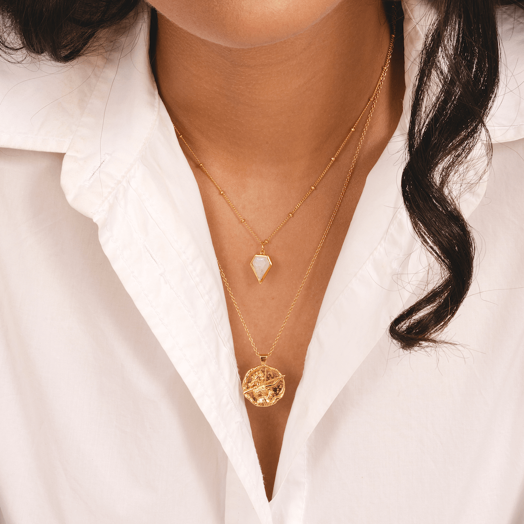 Rainbow moonstone kite shaped pendant necklace in 18k gold plated by Rani and Co womens jewellery