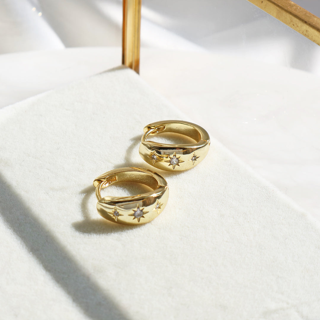 Chunky starburst detail earrings with cubic zirconia – small thick gold hoops by Rani and Co