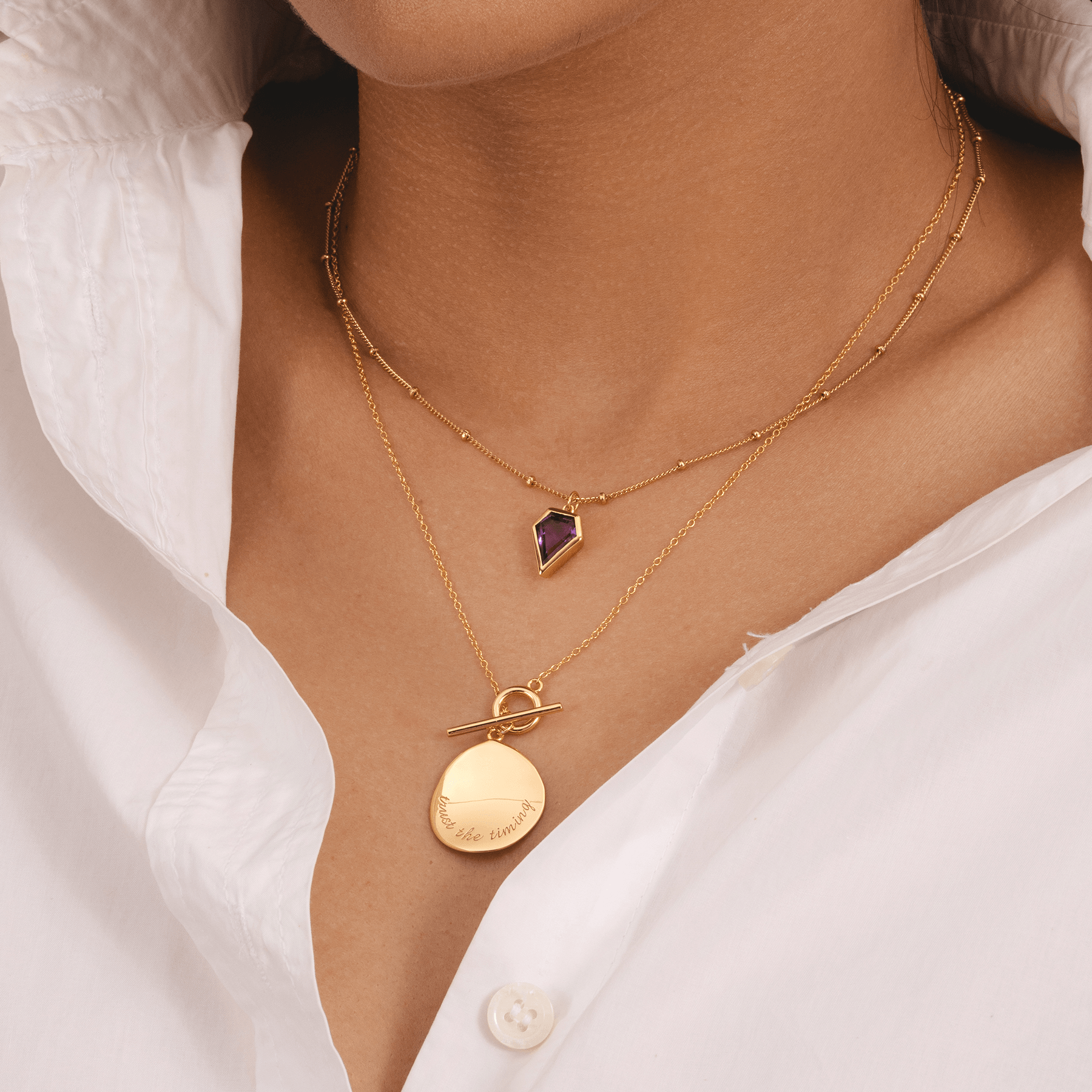 18k gold plated coin necklace with toggle clasp, “trust the timing” engraved pendant, minimalist gold jewellery