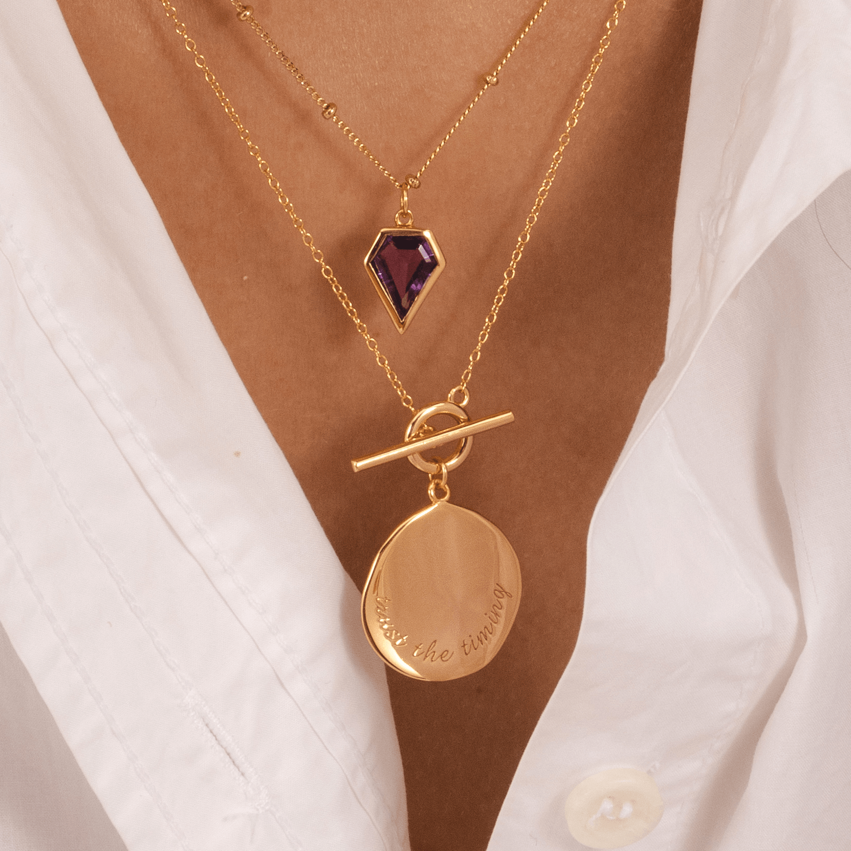 Gold toggle coin necklace 18k plated, engraved “trust the timing” pendant, dainty inspirational jewellery for women
