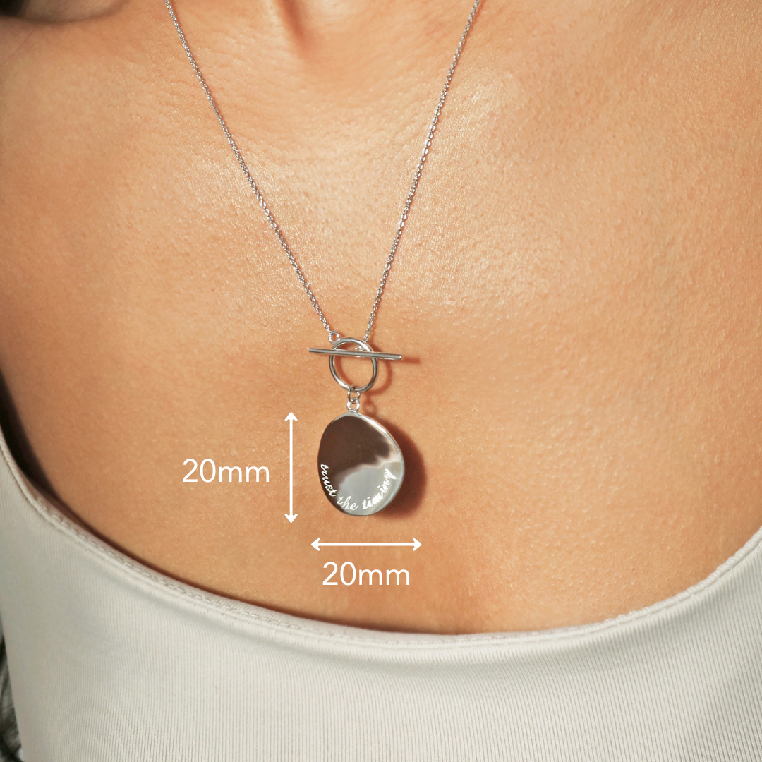 Sterling silver engraved necklace with trust the timing disc pendant by Rani and Co womens jewellery