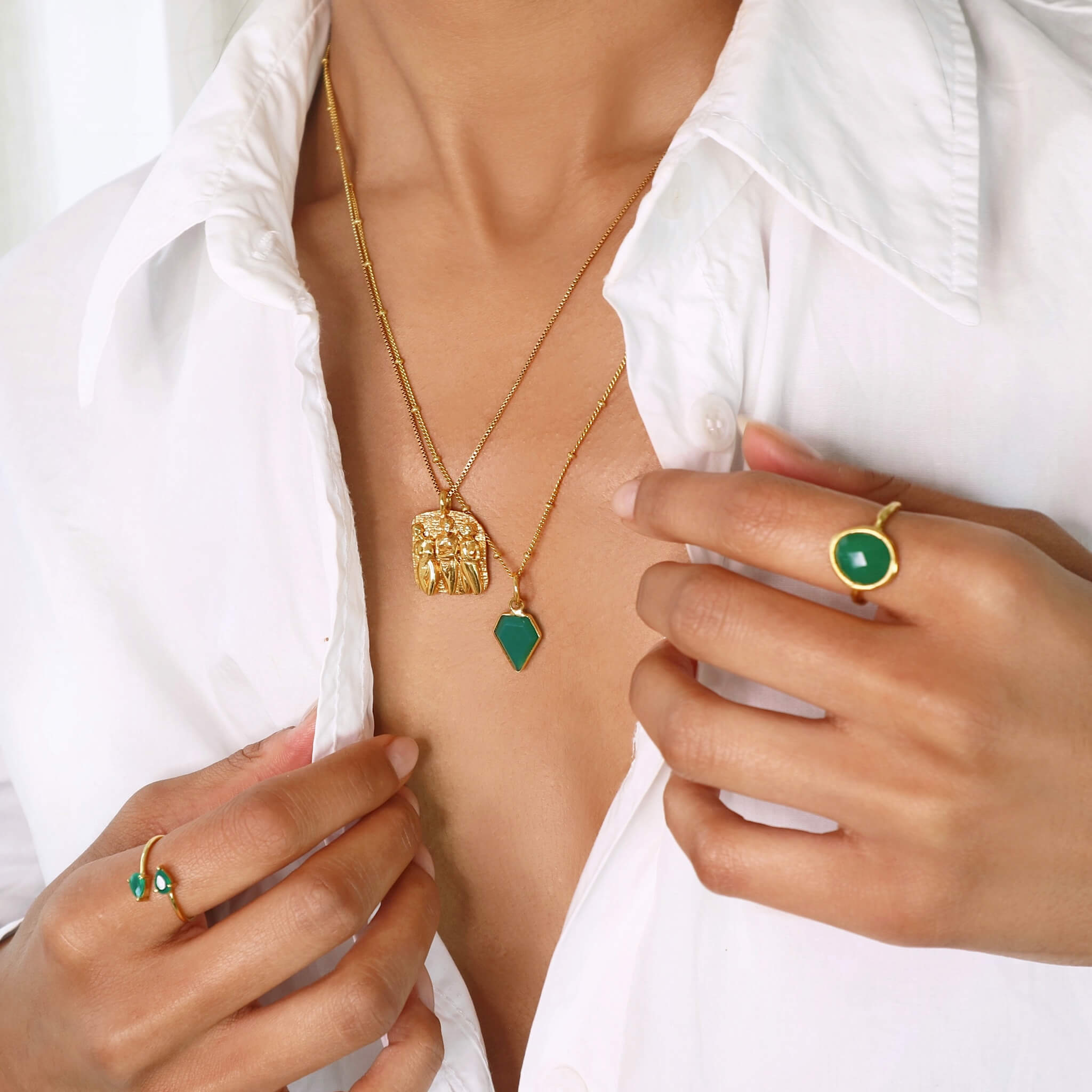 Greek goddess The Graces gold pendant necklace, Rani & Co. jewellery
