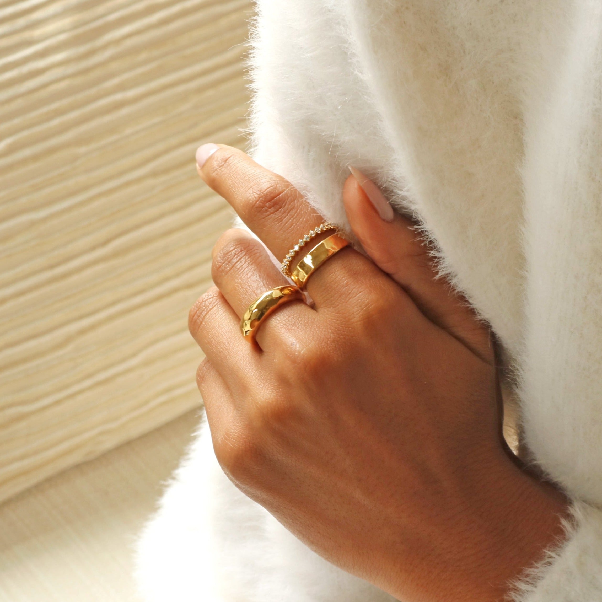 Chunky gold ring with a hammered finish crafted in gold vermeil by Rani and Co womens jewellery