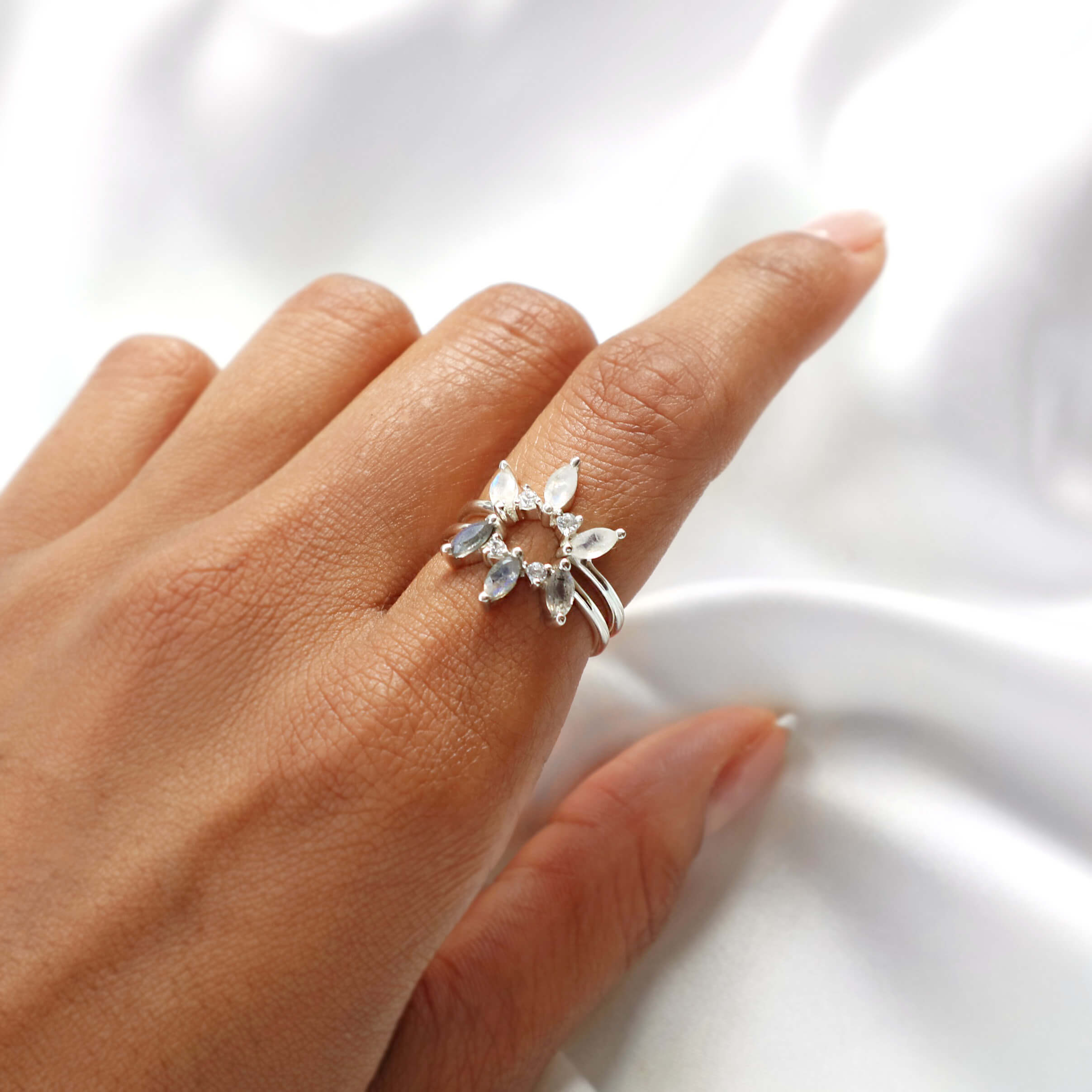 Elegant silver moonstone ring with minimal crown design crafted for womens jewellery by Rani and Co