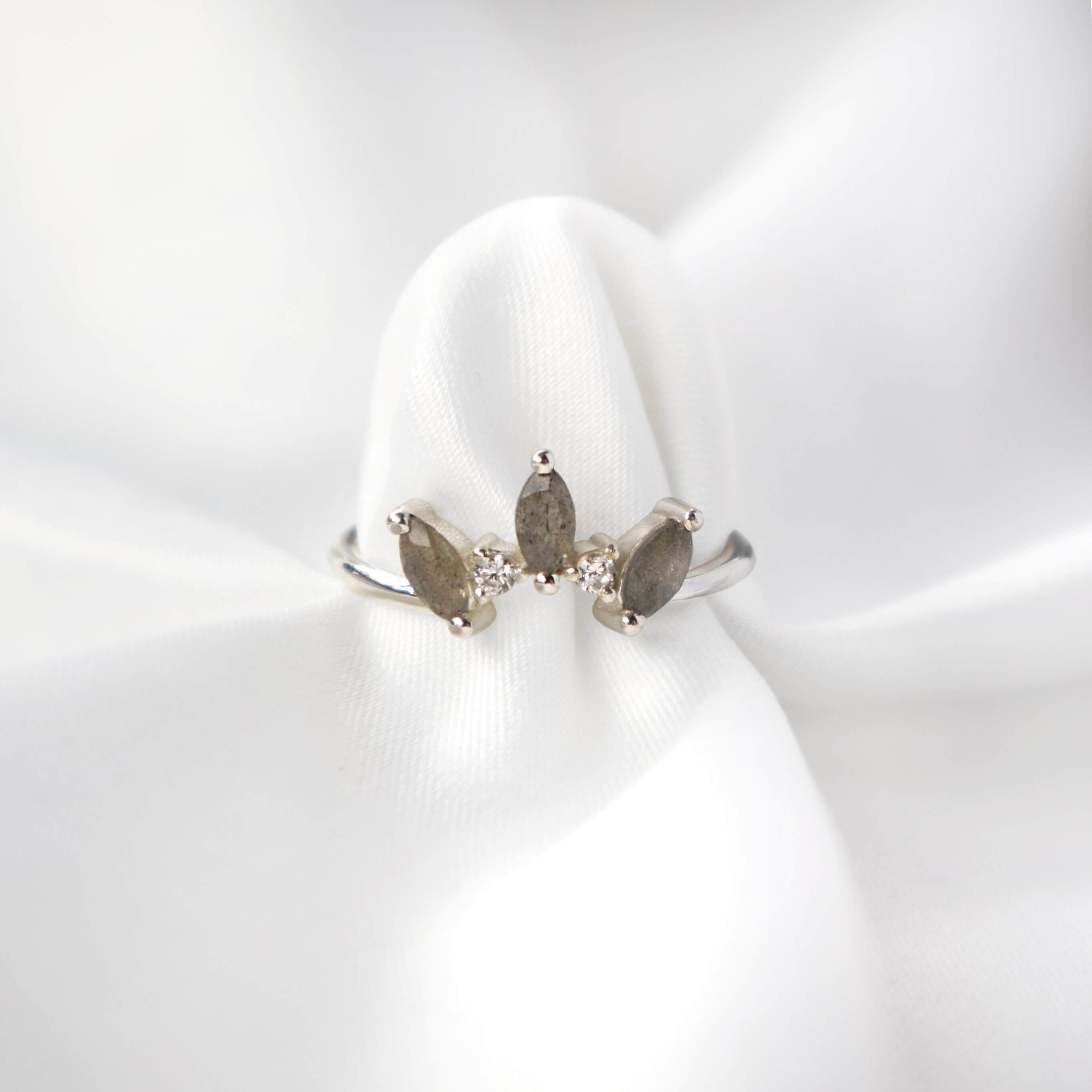 Labradorite gemstone jewellery with a crown design in silver a minimal elegant ring by Rani and Co