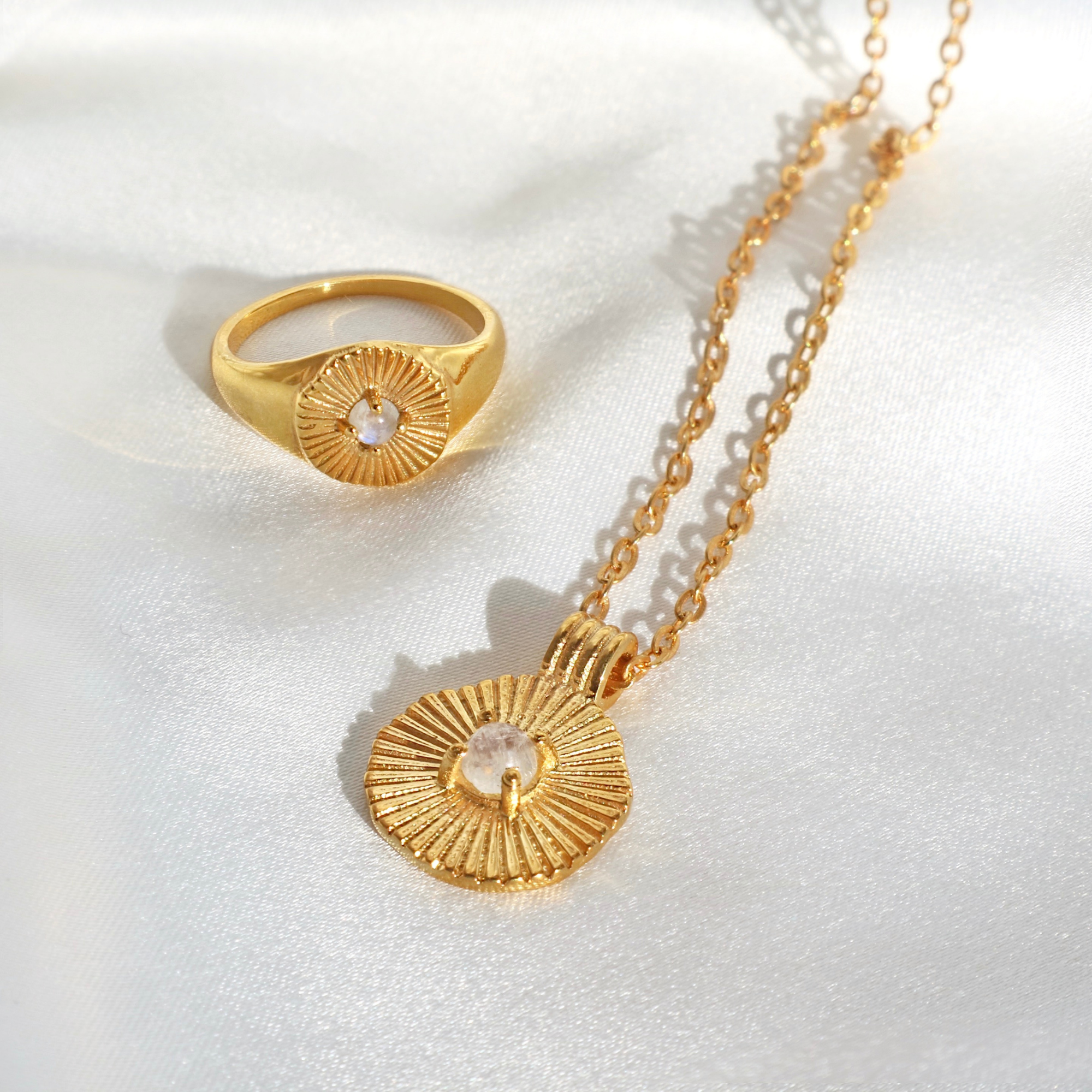 18k gold plated Sun Goddess Ring womens with natural moonstone and elegant sun ray accents by Rani and Co