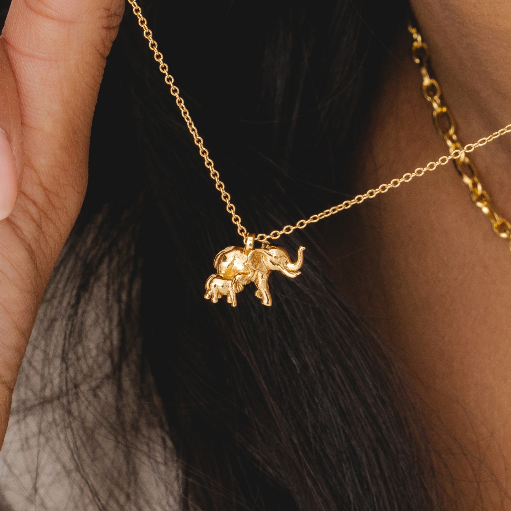 Gold chain necklace featuring an elephant pendant a meaningful piece of womens jewellery by Rani and C