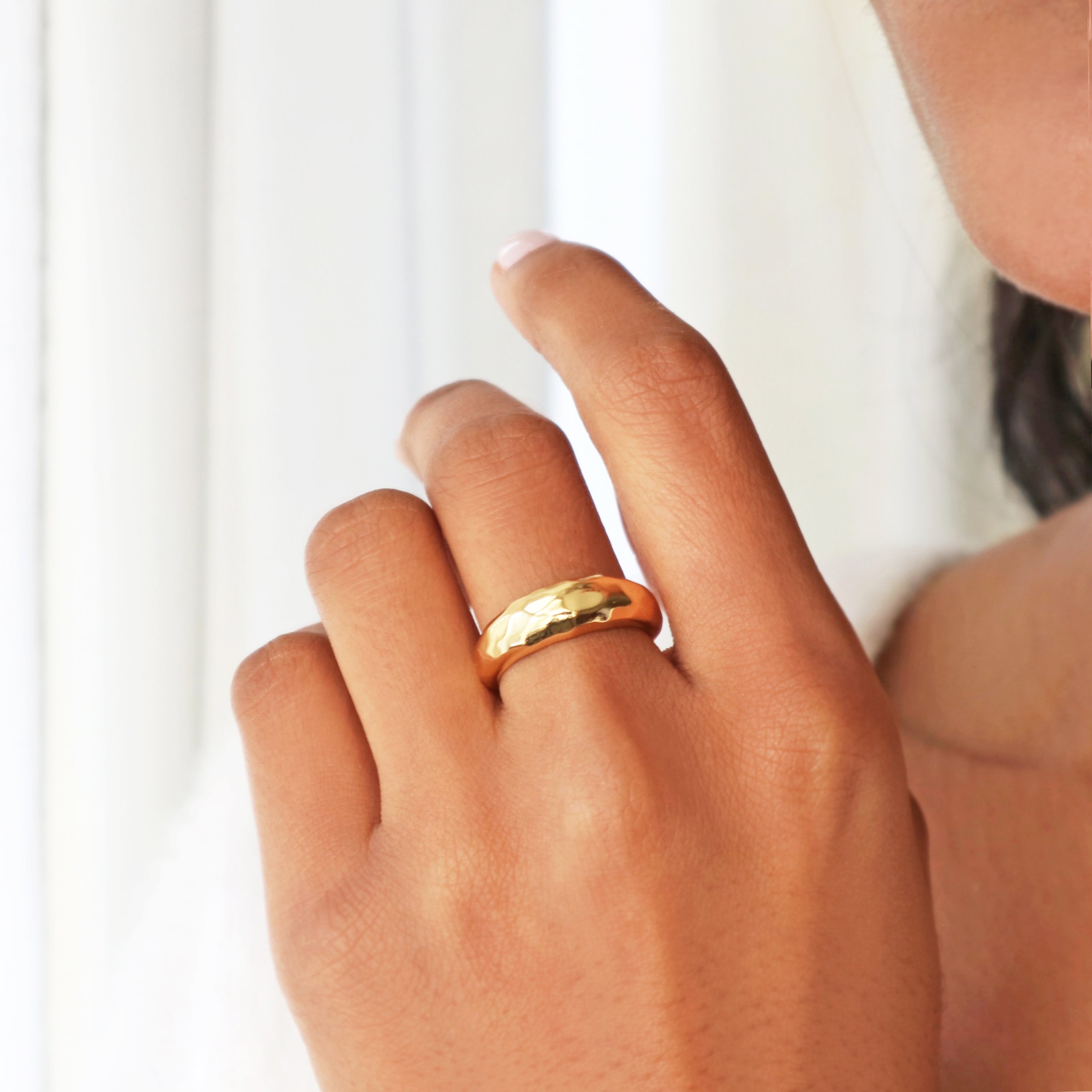 Gold vermeil dome ring with hammered texture a bold statement piece by Rani and Co
