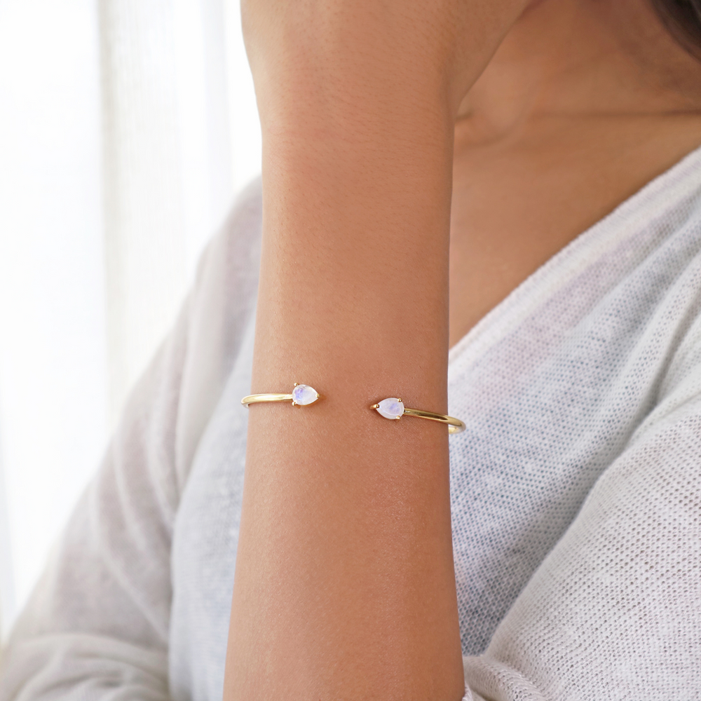 Moonstone gold cuff bangle – adjustable bracelet with teardrop moonstone by Rani and Co, 18k gold plated jewellery