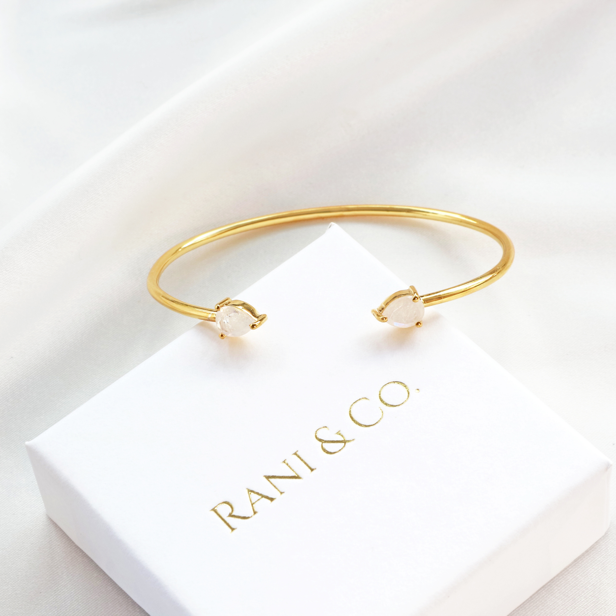 Cuff bracelet gold with moonstone teardrops – 18k gold plated adjustable bangle for women by Rani and Co