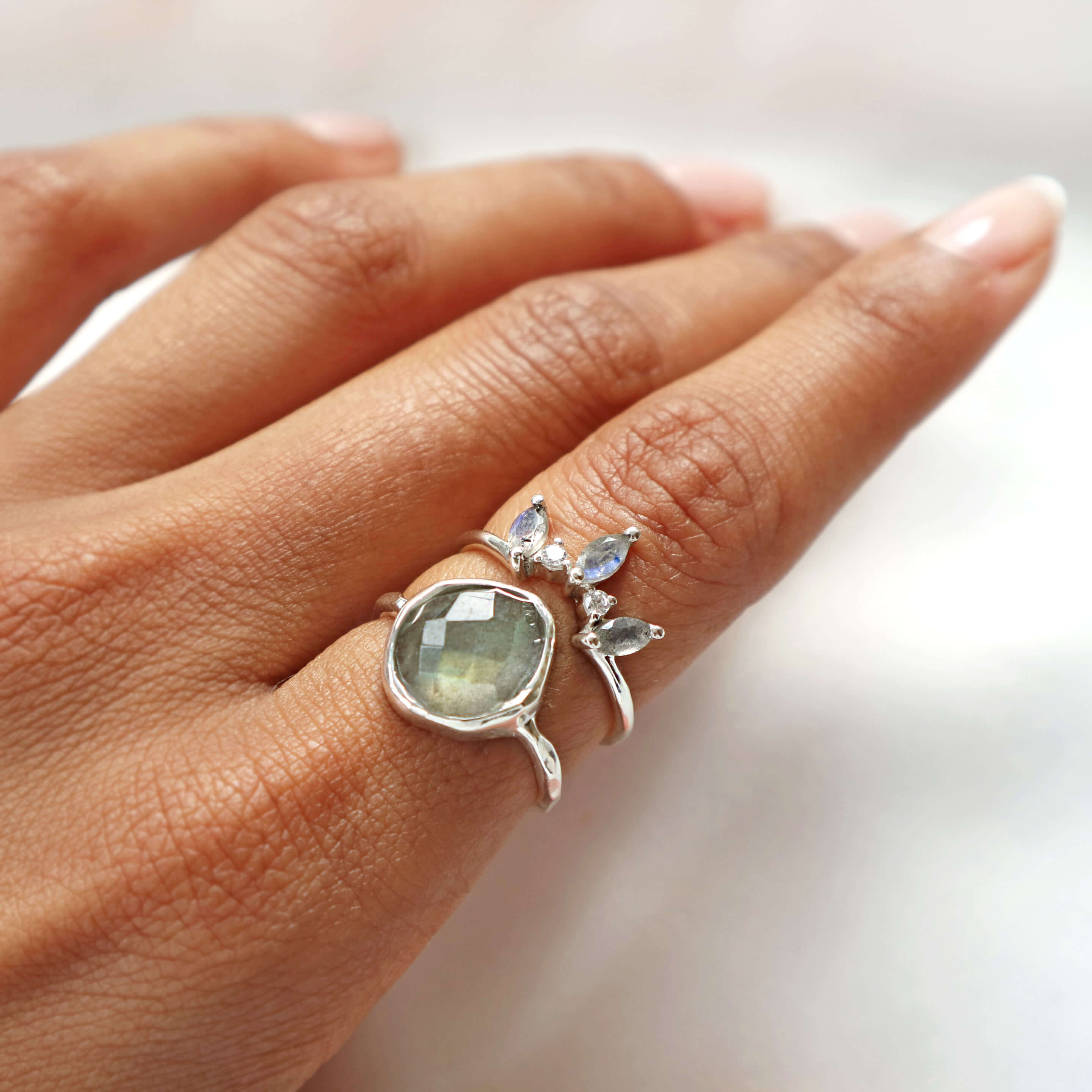 Labradorite gemstone jewellery with a crown design in silver a minimal elegant ring by Rani and Co