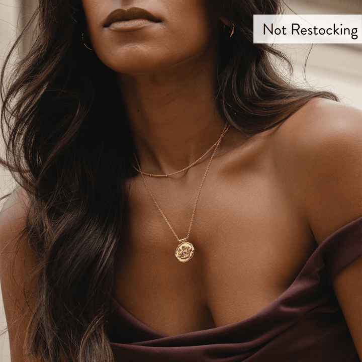 Limited Edition Goddess Durga Amethyst Necklace close-up worn on gold chain with natural amethyst pendant.
