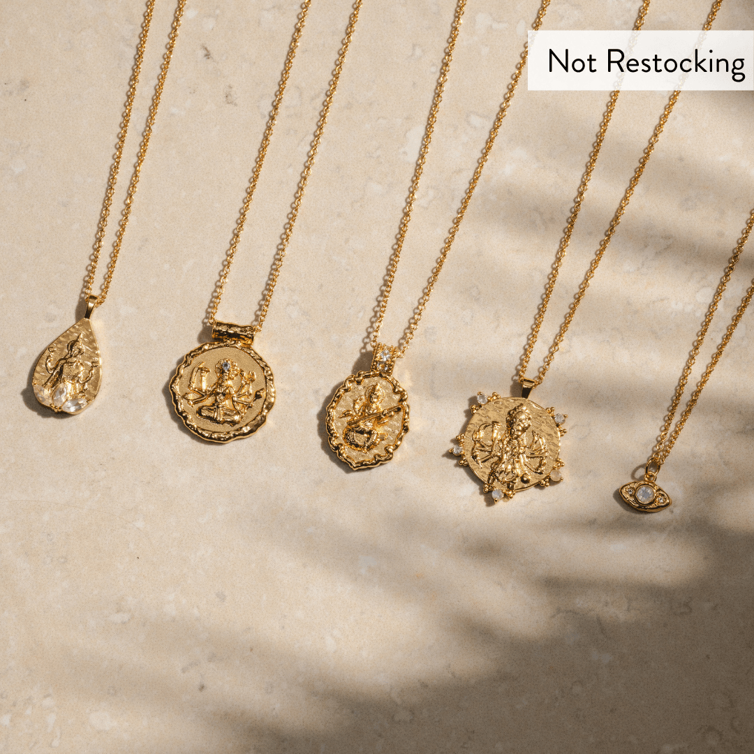 Limited Edition Goddess Durga Amethyst Necklace displayed with the Limited Edition Goddess Collection necklaces.