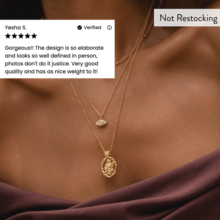 Limited Edition Goddess Saraswati Blue Topaz Necklace worn layered with customer review and not restocking message.