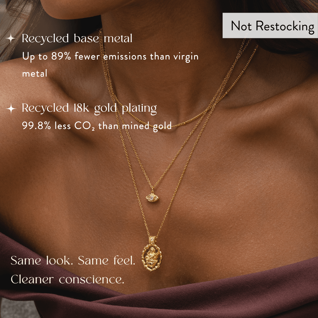 Limited Edition Goddess Saraswati Blue Topaz Necklace crafted from recycled 18k gold-plated recycled brass.